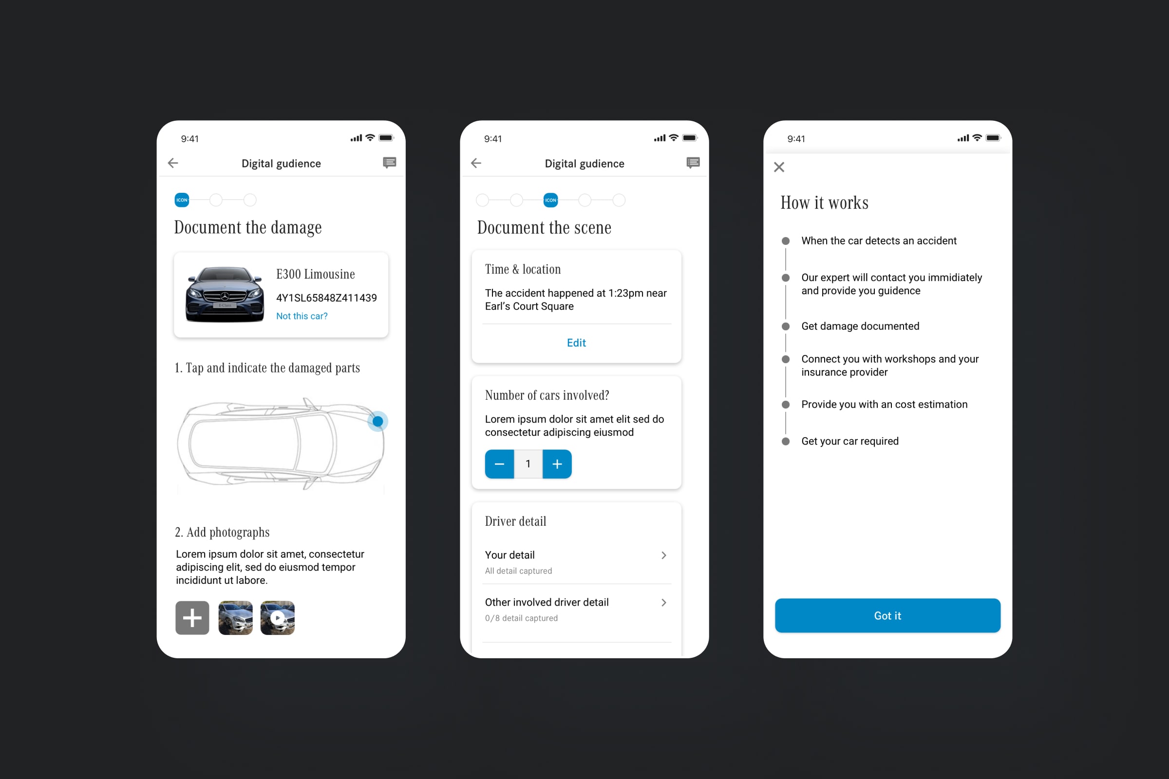 Mercedes accident assistance app with damage documentation and expert support workflow