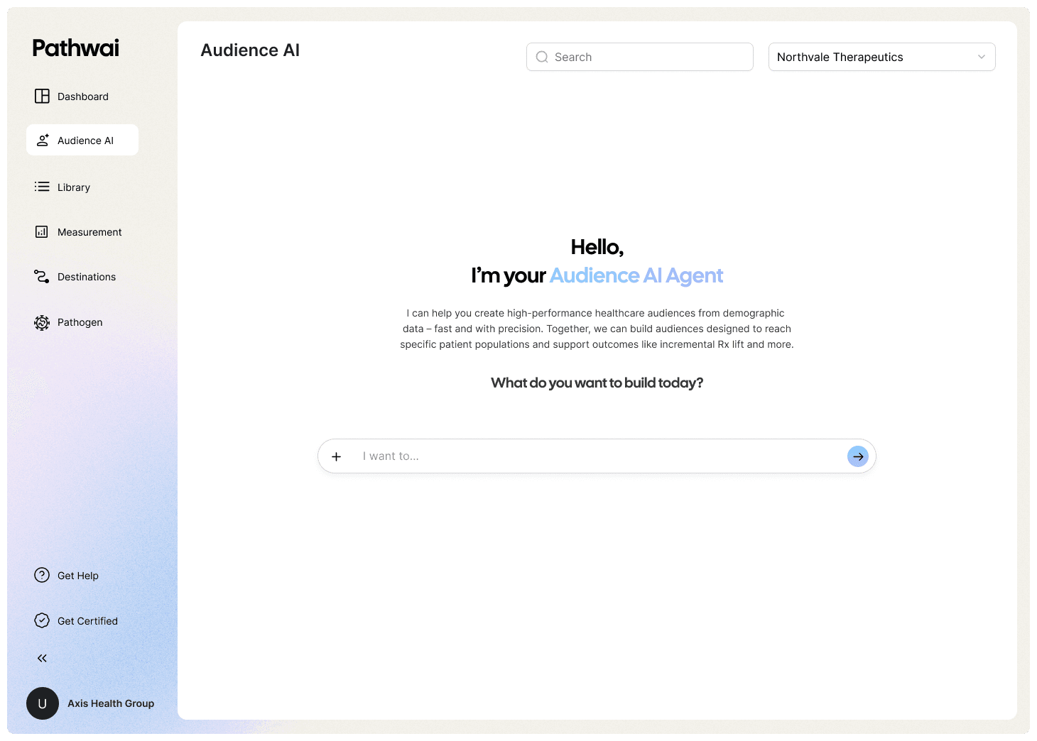 Pathwell Audience AI-gränssnitt med fokus på att skapa målgrupper för hälsovården.