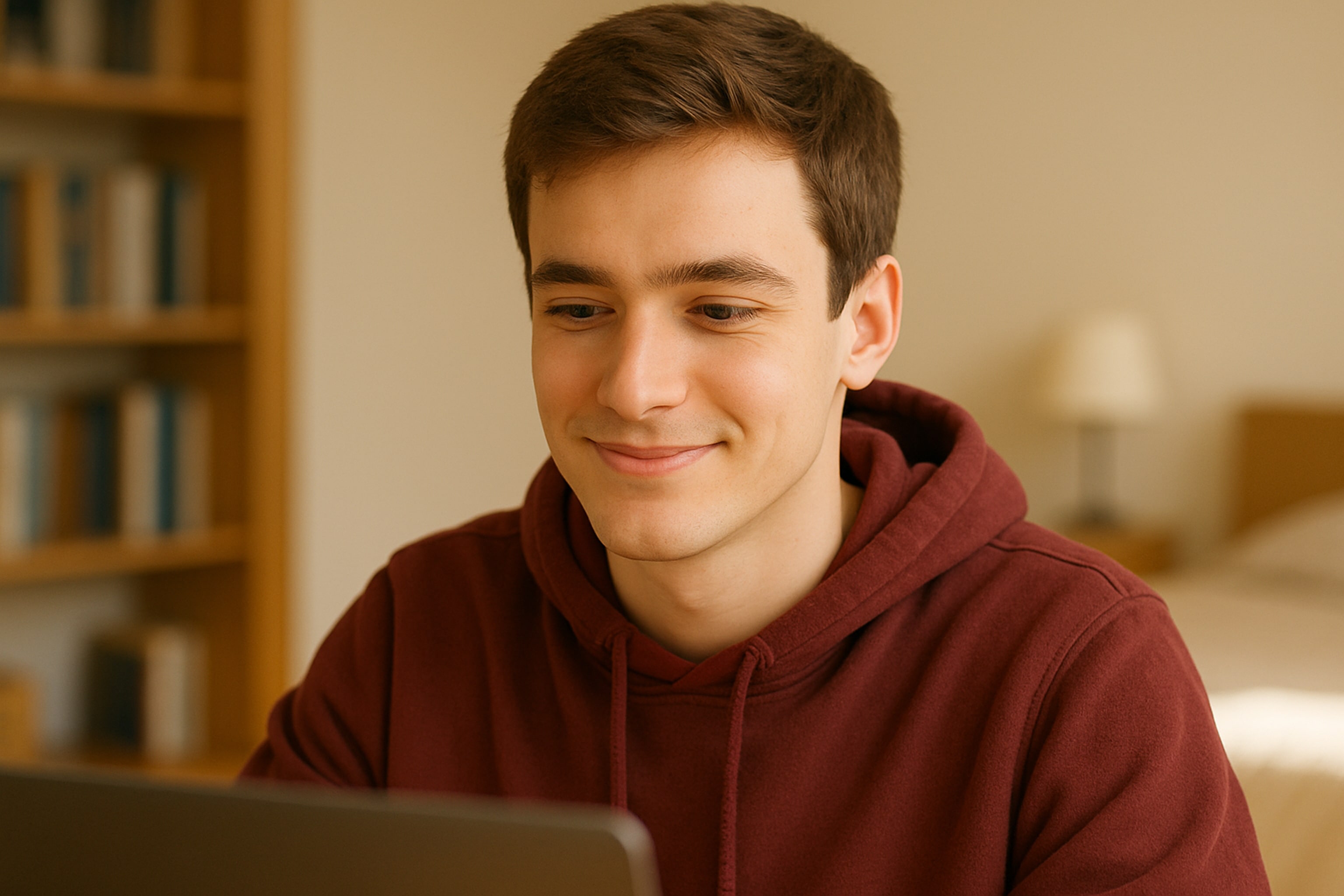 Ethan, smiling male student in a maroon hoodie, looking at his laptop during an engaging online English class.