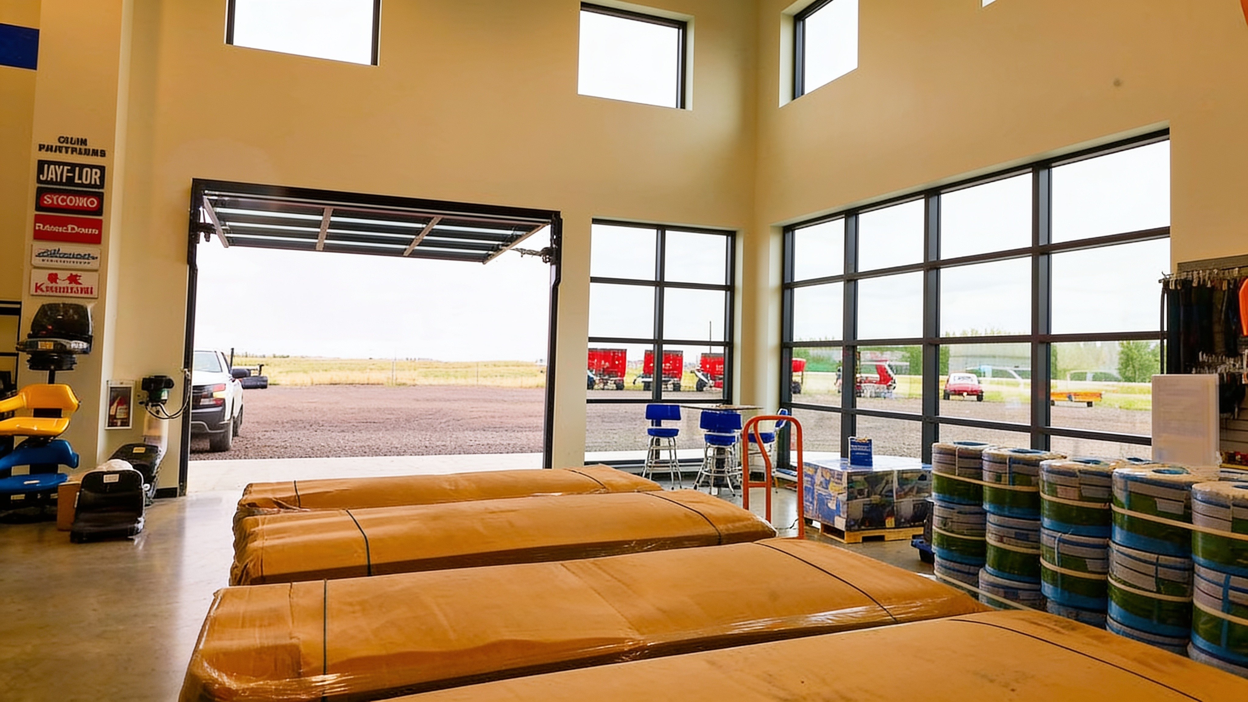 Glass showroom interior with a hydraulic door open to the lot