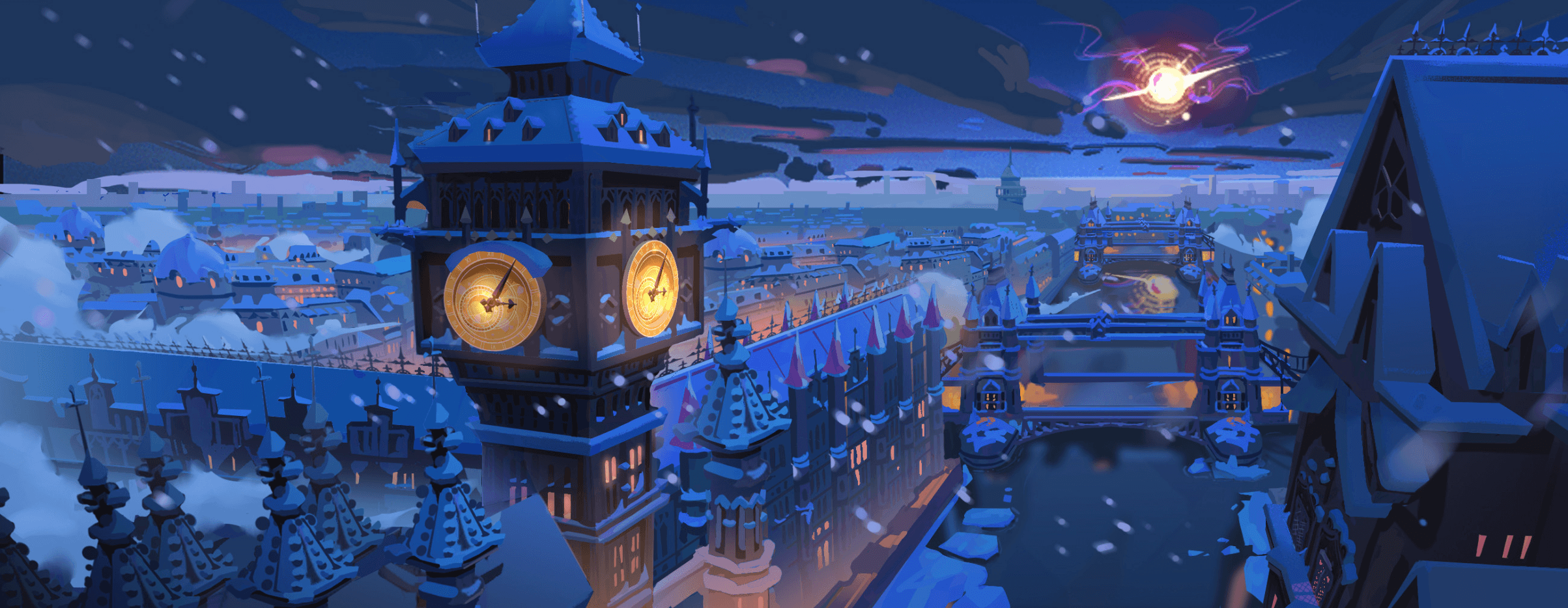 Concept art of London’s Big Ben at night in winter, created for Neverland: A Peter Pan Adventure by Second Star Games.