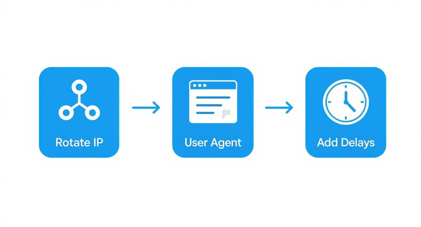 A workflow diagram illustrating web scraping steps: rotate IP, use a user agent, and add delays.