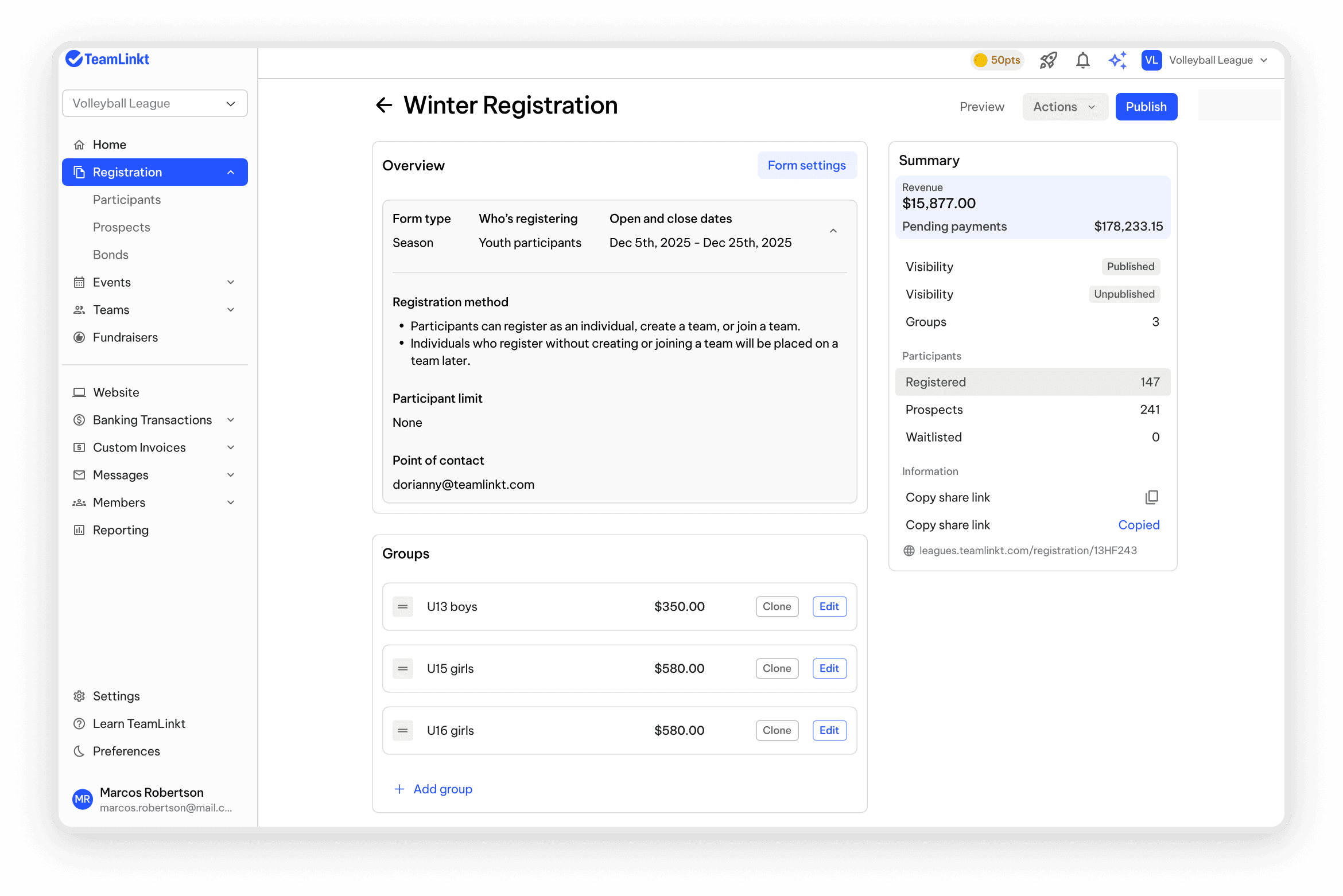 TeamLinkt's Registration Form Dashboard