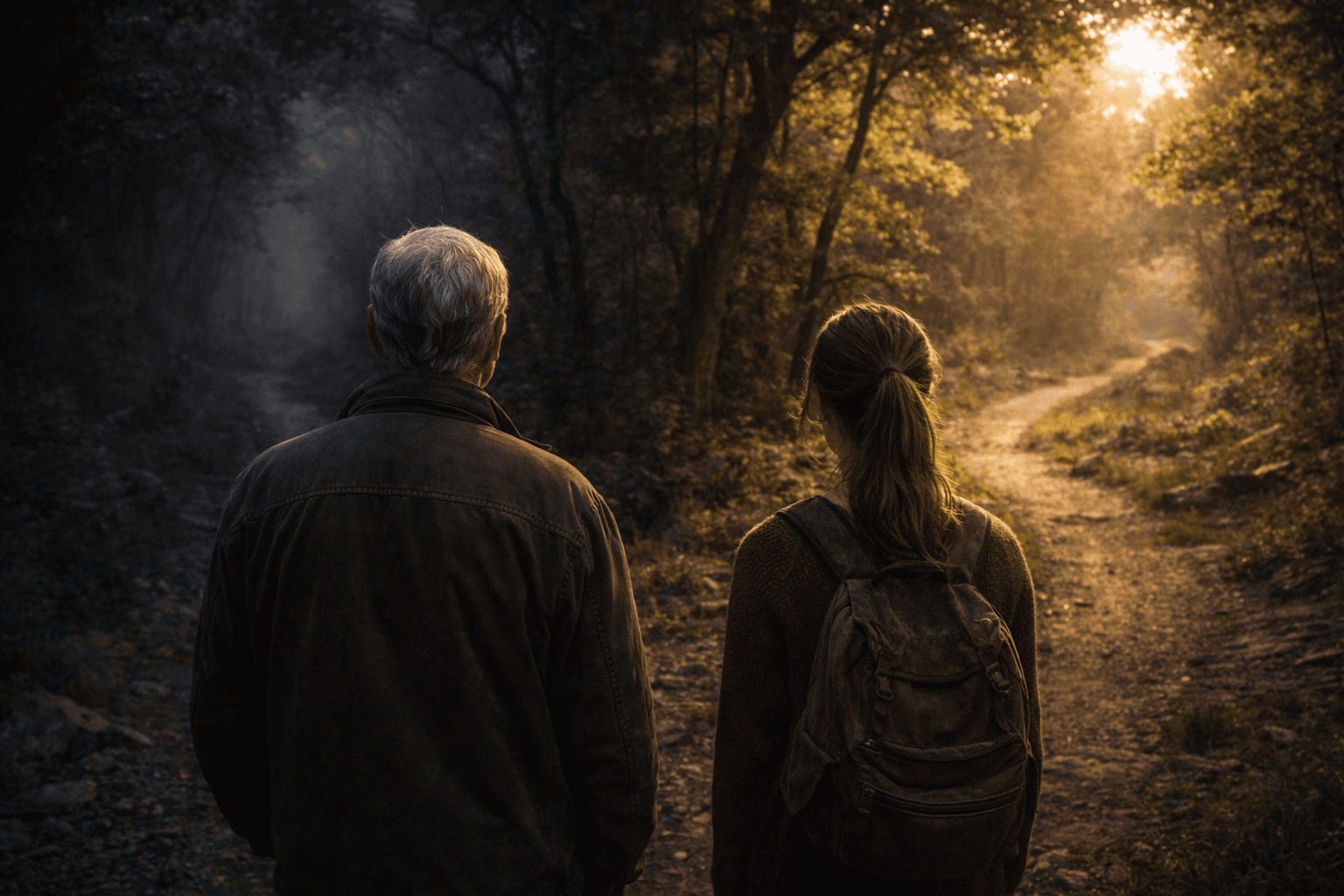 Cinematic image of two people standing at a fork in a forest path, symbolising Proverbs 3:5–6 and the call to trust God over your own understanding