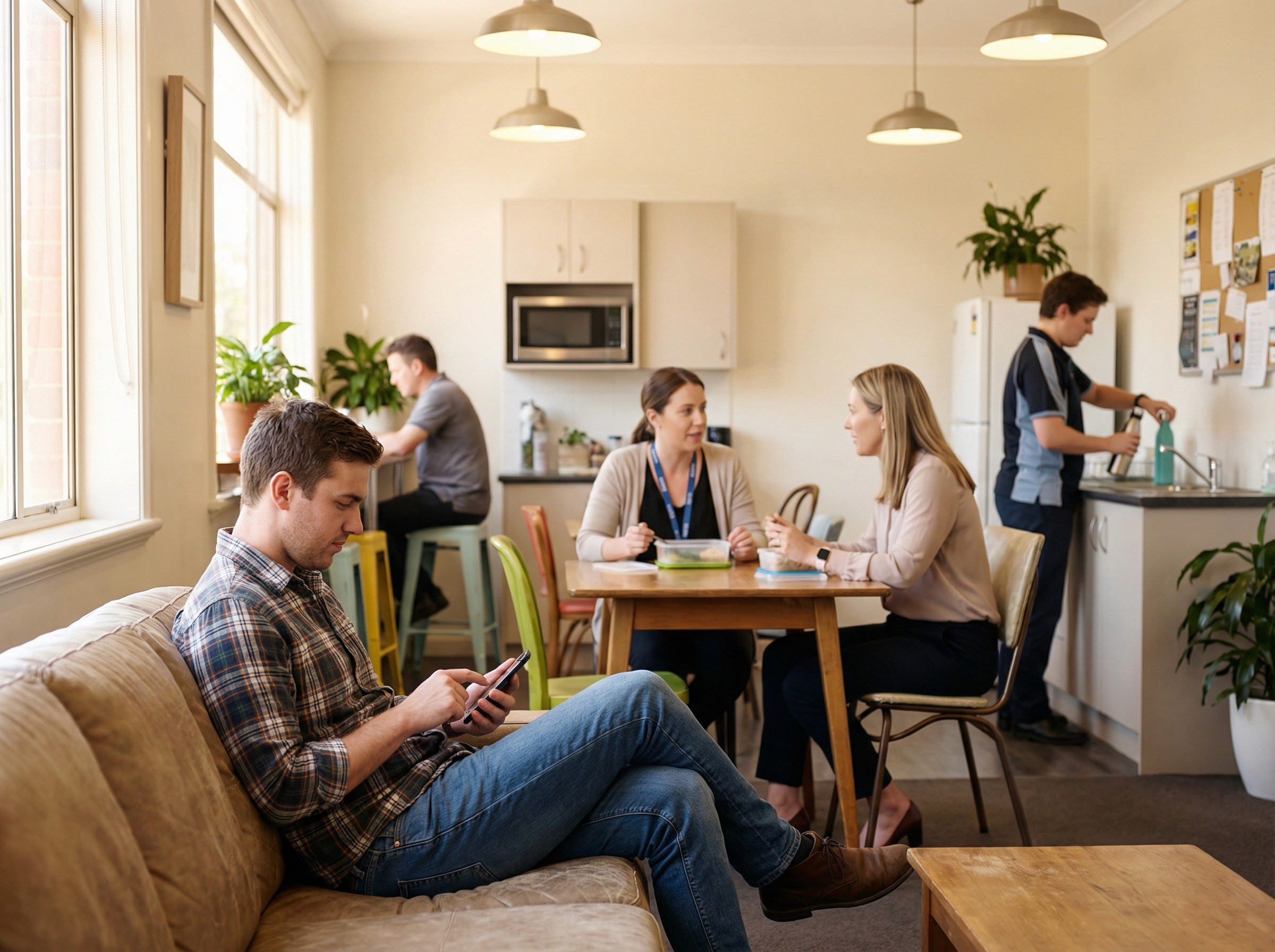 A wide, warm shot of a light-filled staff common room in a mid-sized Australian workplace — somewhere between a lunch room and a breakout area. Four or five workers are visible across the space, each engaged in their own moment. In the foreground, a man in his late 20s is sitting on a low couch, completing something on his phone with a quick, casual thumb-scroll — the gesture of someone finishing a two-minute task, not reading a document. At a table behind him, two women are eating lunch and talking. Near the kitchenette, another worker is refilling a water bottle.