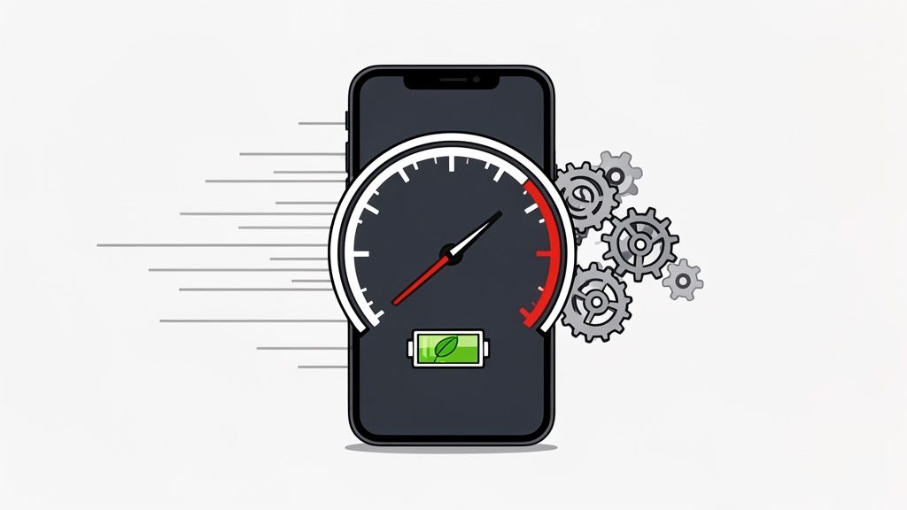 Illustration of a smartphone with a speed gauge, gears, and an eco-friendly battery, symbolizing fast app performance.