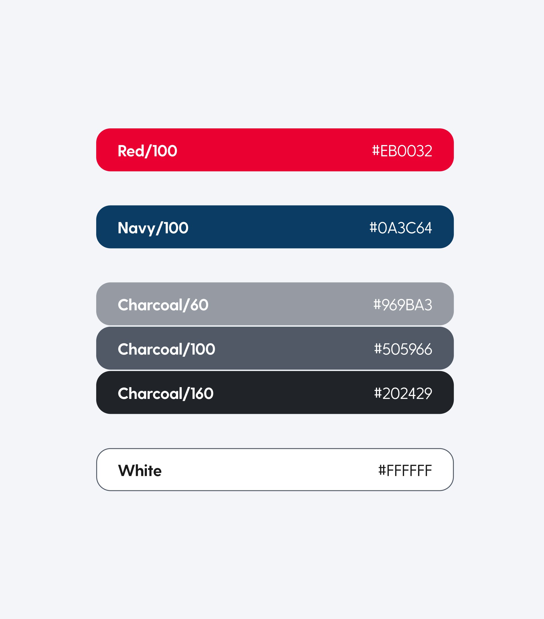 The core color palette for the MyDrinkaware app, showcasing six colors with their names and hexadecimal codes: red, navy, charcoal in three shades, and white. This highlights the brand's visual system.