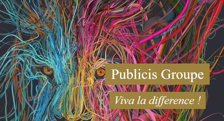 A colorful background features a lion's head in a variety of hues. Overlaying the image is the text "Publicis Groupe" at the top and "Viva La Difference!" at the bottom