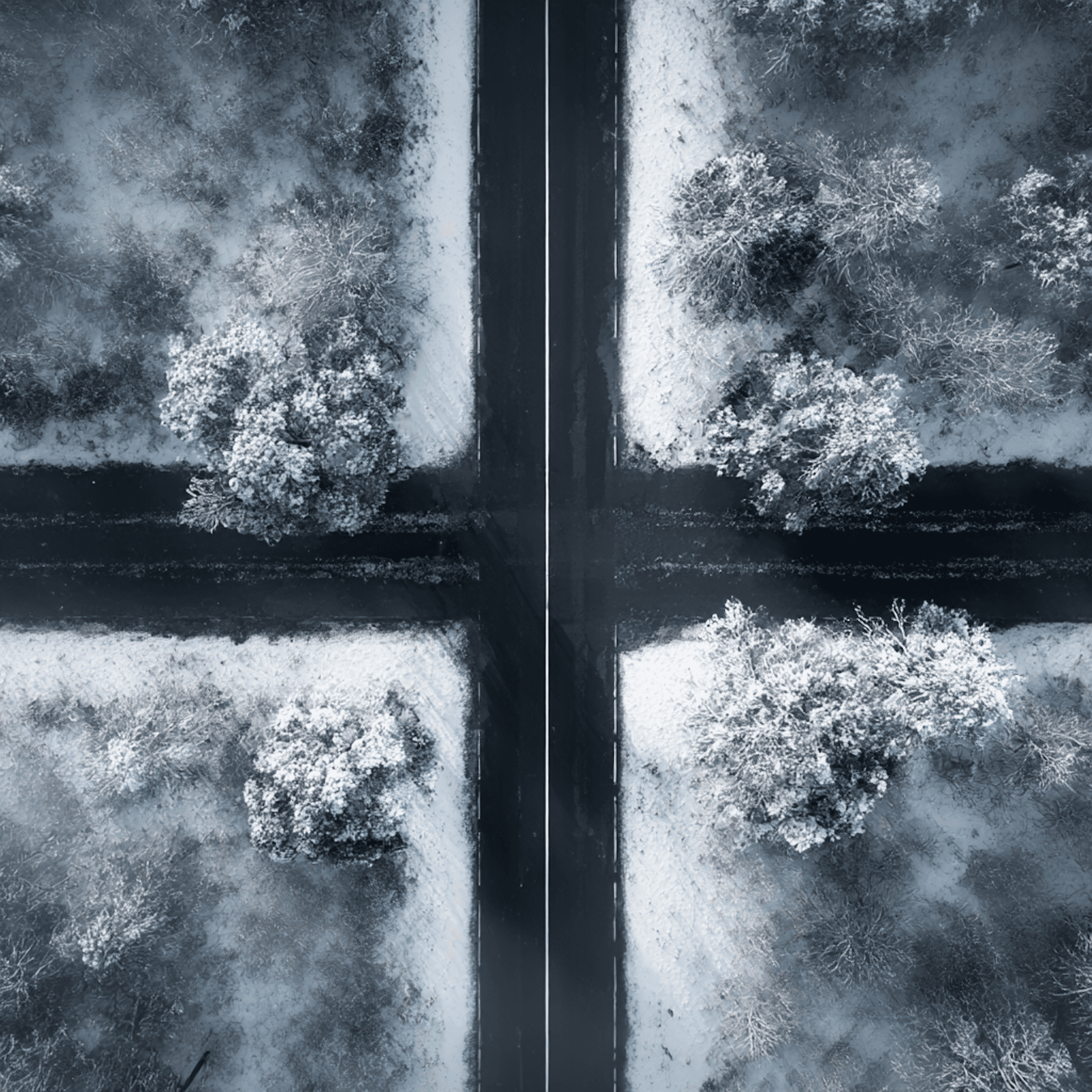Aerial view of a snow-covered intersection, featuring two black roads crossing amidst fields dusted with white snow and surrounded by frost-covered trees and shrubs.