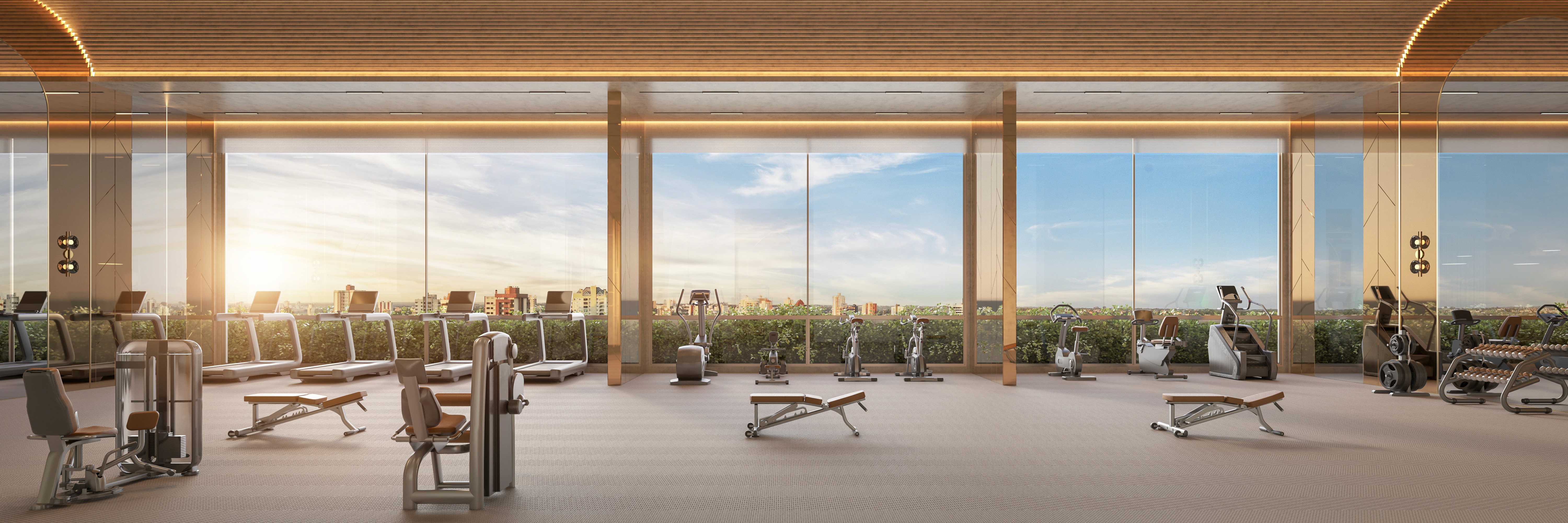 Curved modern skyscraper against a clear blue sky.