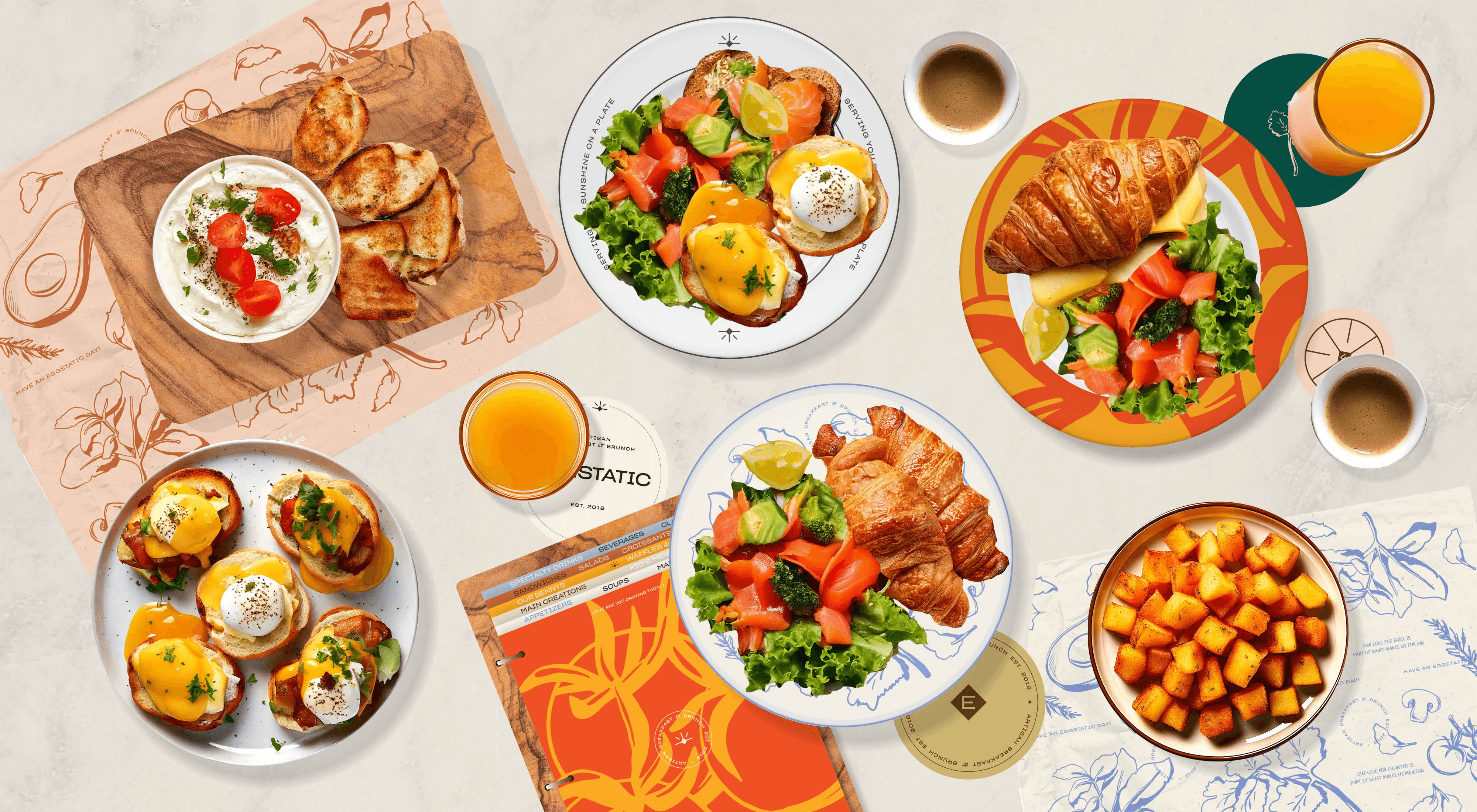 Packaging and restaurant branding system for brunch concept Brand applications for dine-in and takeaway experience across MENA