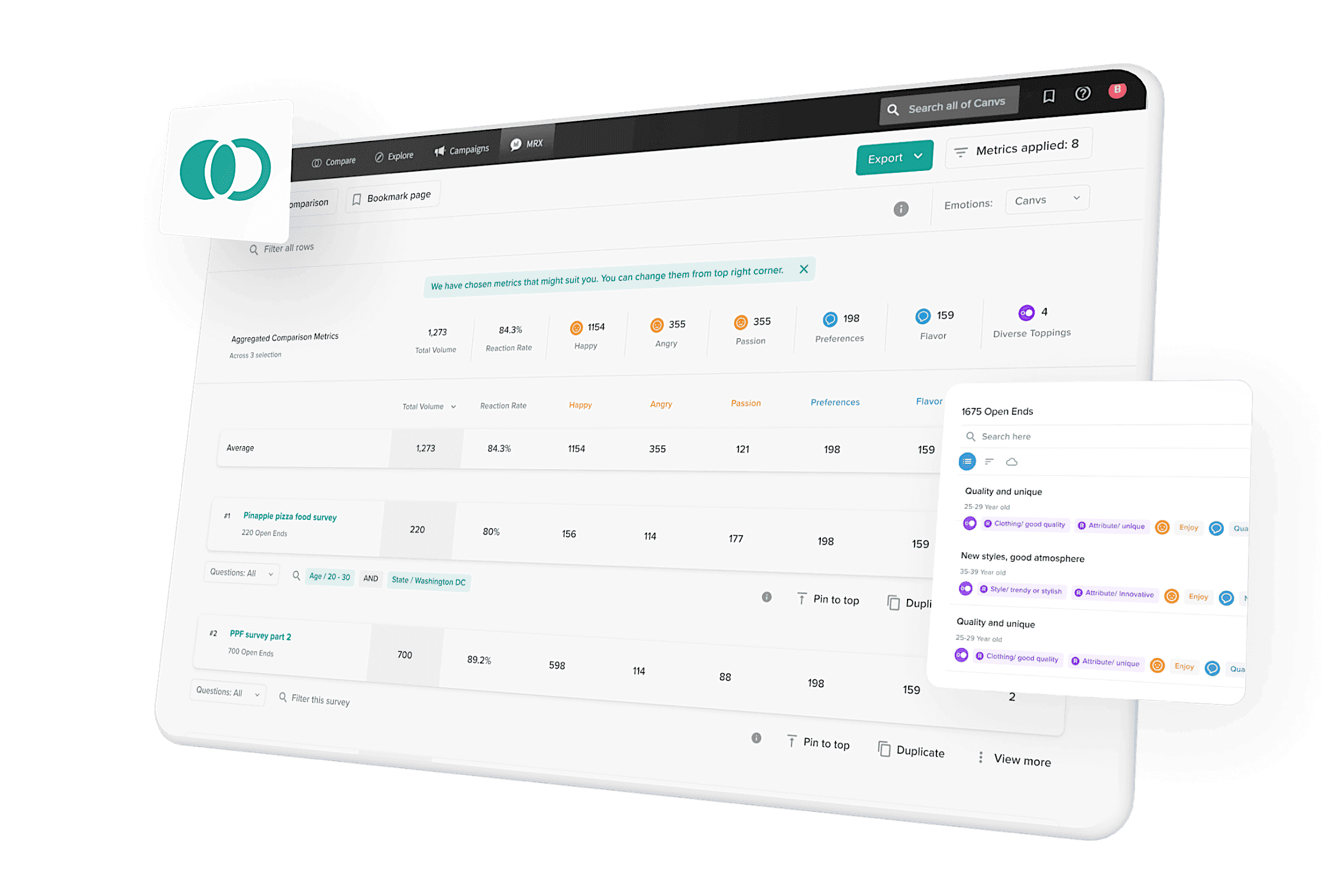 Canvs.ai survey comparison interface