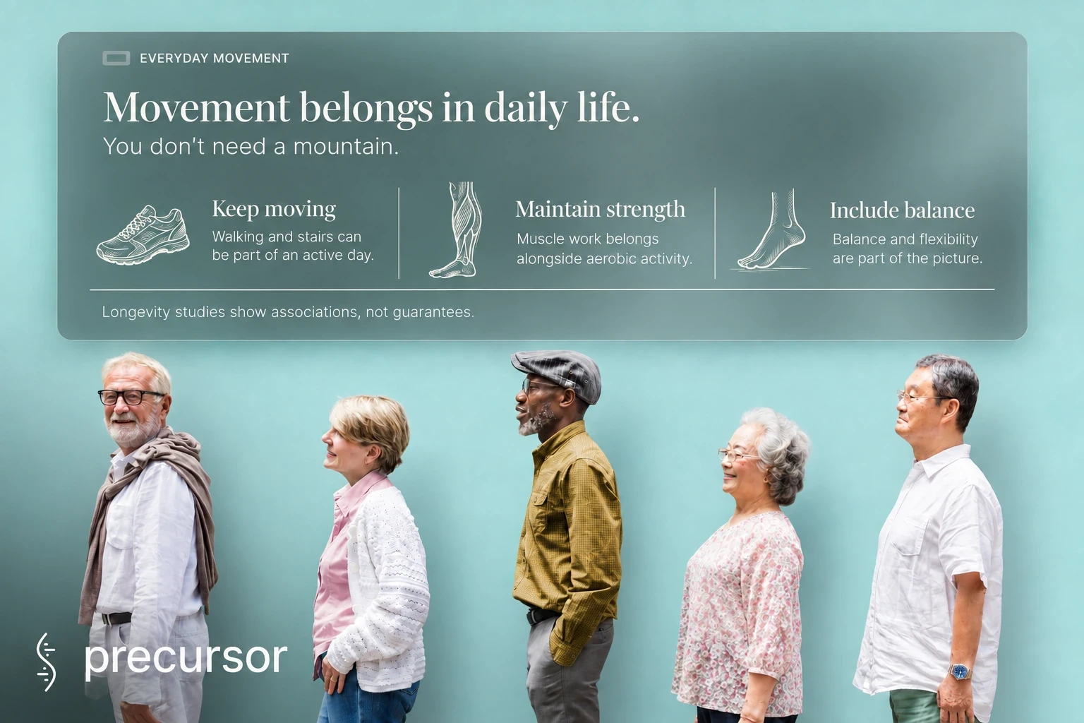 Everyday movement can include walking and stairs alongside strength, balance and flexibility. Longevity studies show associations, not guarantees.