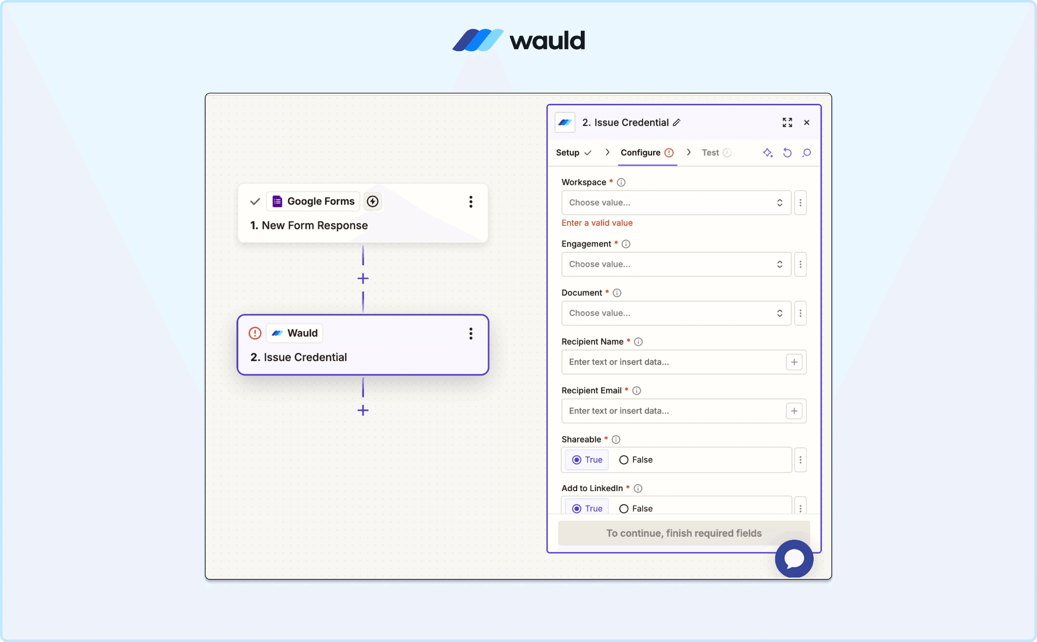 Connecting a Wauld account in Zapier to automatically issue credentials