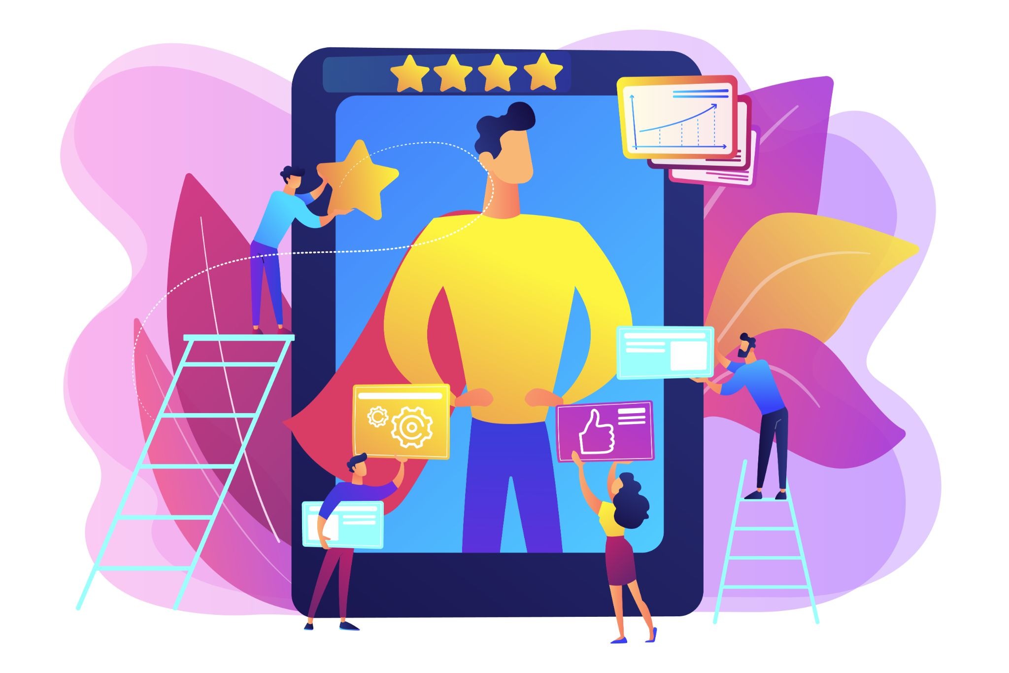 Flat illustration of a team building an influencer profile with star ratings and engagement metrics