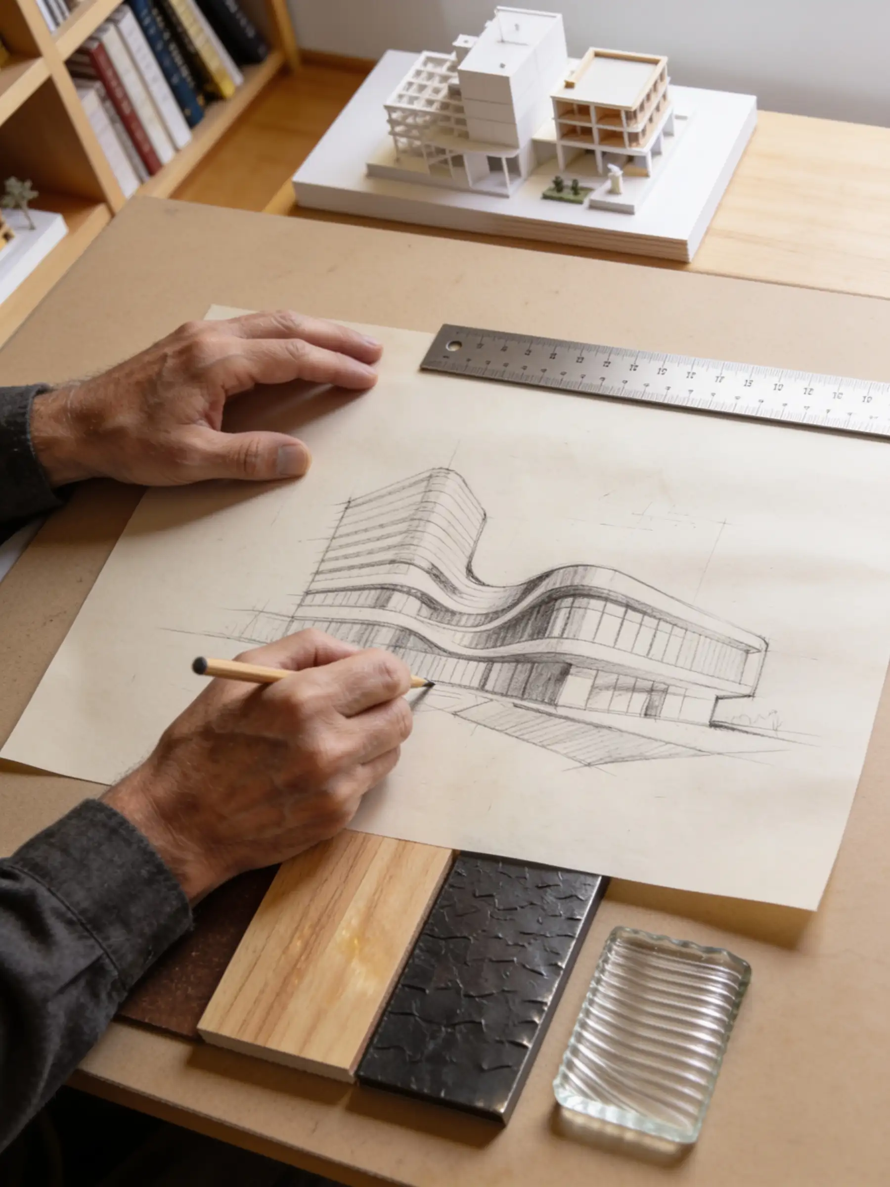 Architects reviewing design drawings in a collaborative studio workspace
