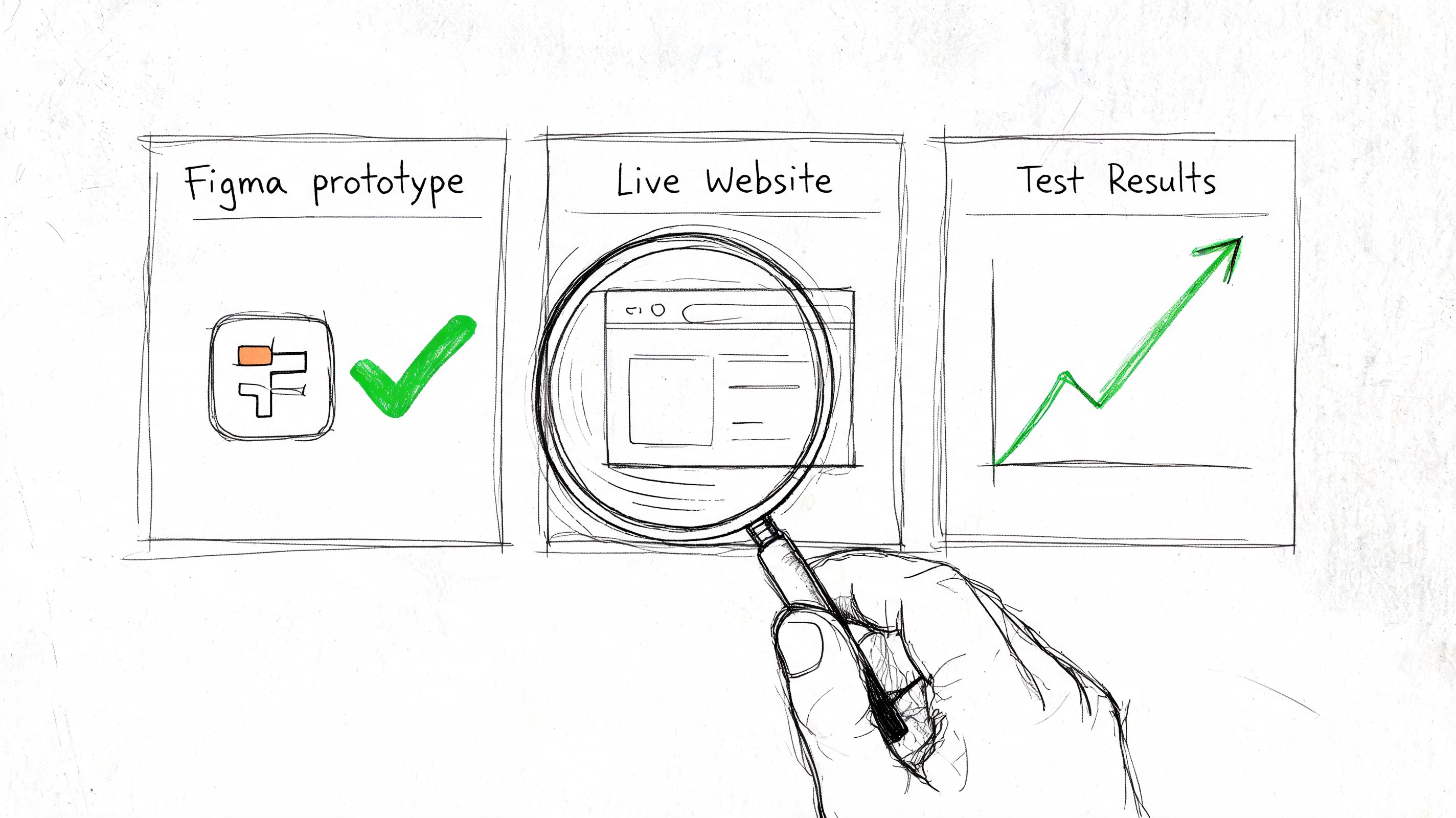 A hand holding a magnifying glass over a live website sketch next to prototype and test results.