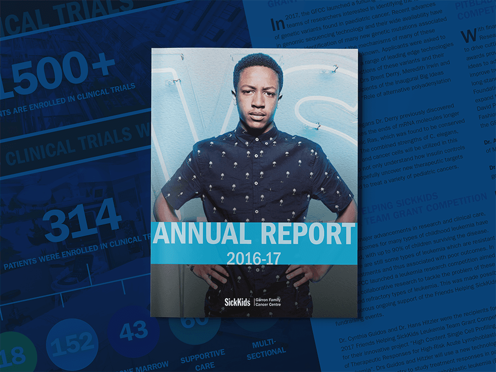 A mockup for an Annual Report for SickKids Hospital