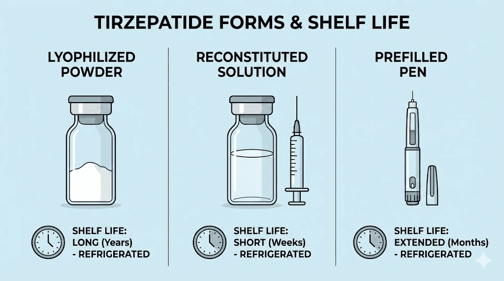 Different forms of tirzepatide and their shelf life comparison