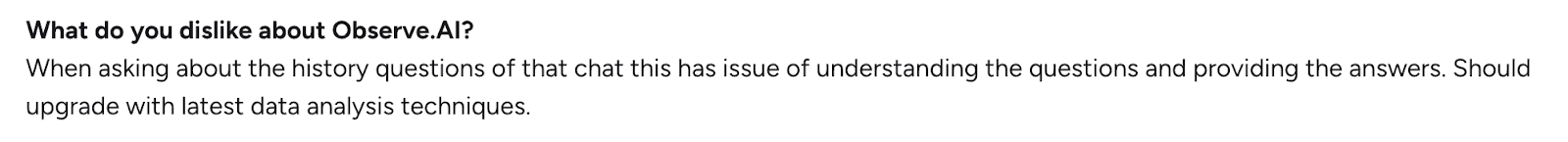 User review noting difficulties with question understanding and response accuracy in Observe.AI
