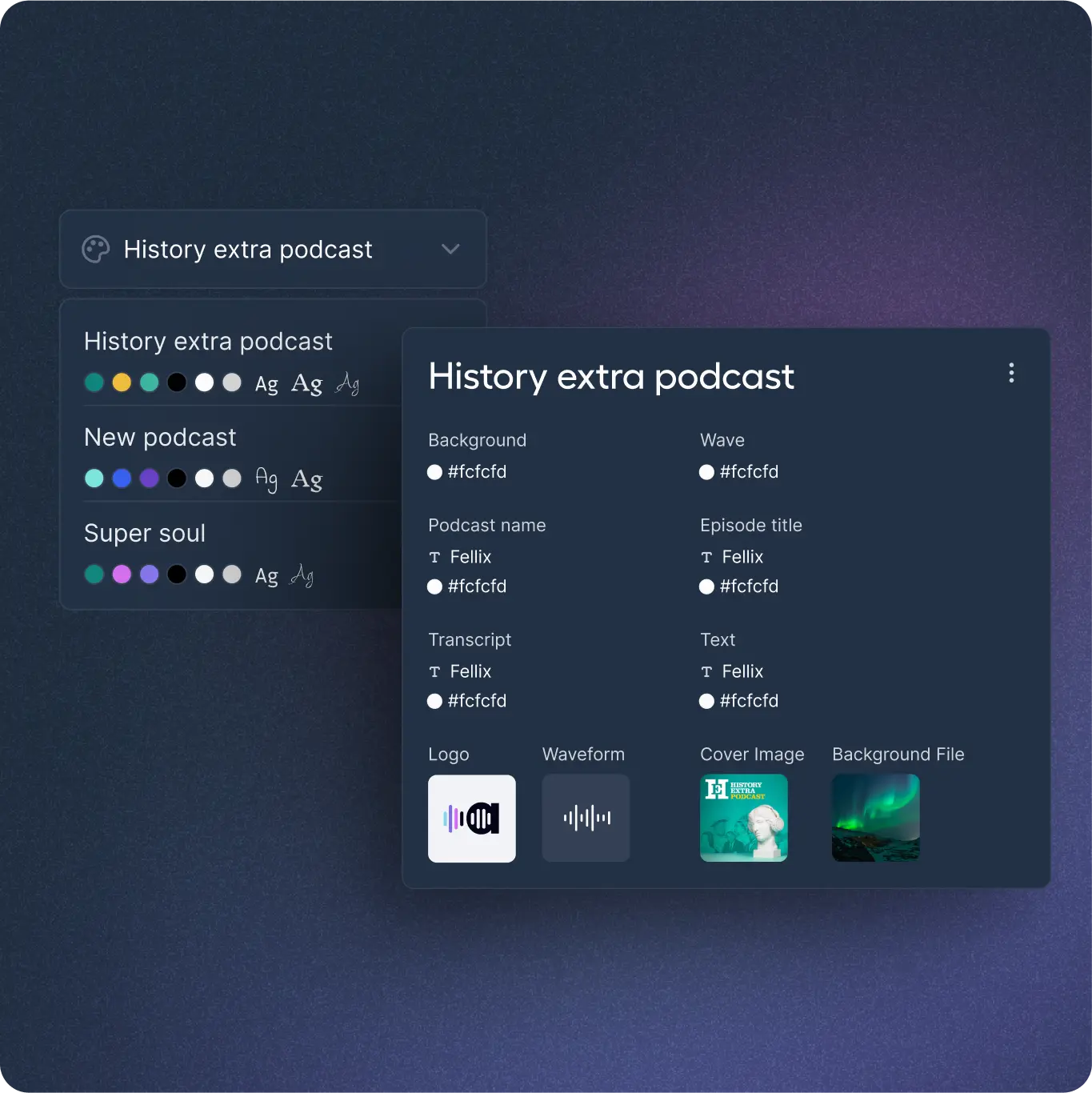 User interface screen from the Audiotease app showing the 'History Extra Podcast' settings. The left section lists different podcasts with their respective color schemes and text styles, including 'History Extra Podcast,' 'New Podcast,' and 'Super Soul.' The right section details the settings for 'History Extra Podcast,' including background color, wave color, podcast name, episode title, transcript, text, logo, waveform, cover image, and background file. The interface has a dark theme with blue and purple accents.