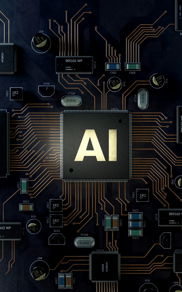 A close-up view of a computer motherboard featuring a central AI chip with intricate gold circuitry, representing the integration of artificial intelligence into advanced hardware systems.