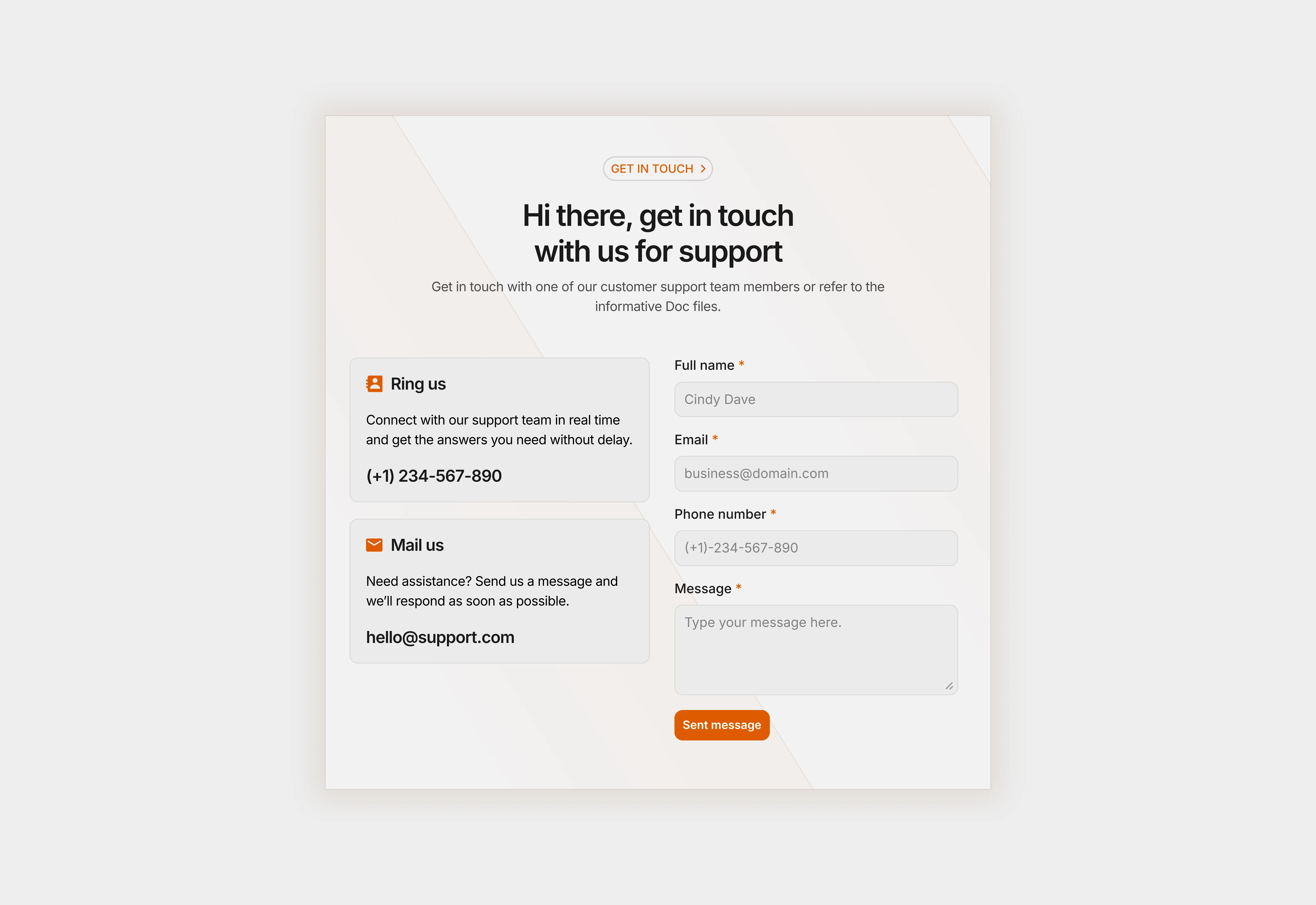 A light themed, clean contact us page section. Optimized for tablet devices.