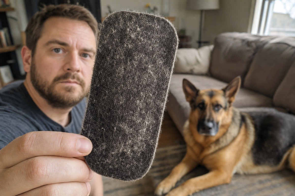 A used carbon pad held up with a German Shepherd in the background