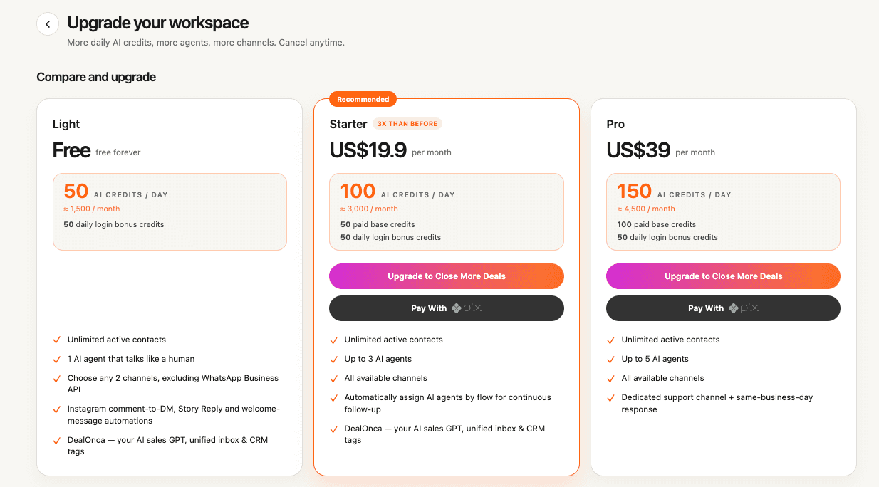 Dealism Light, Starter, and Pro subscription plans