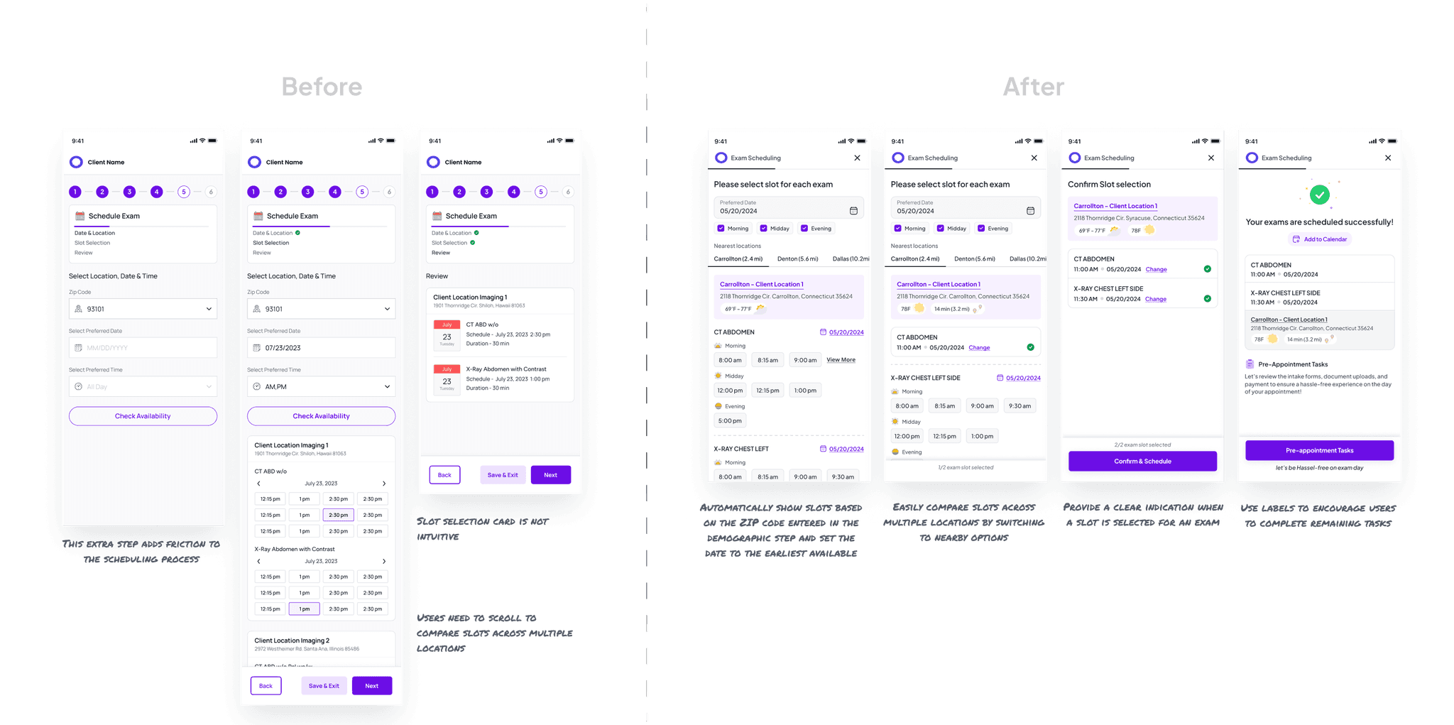 before and after ui screens of the scheduling section with annotation of design thinking.