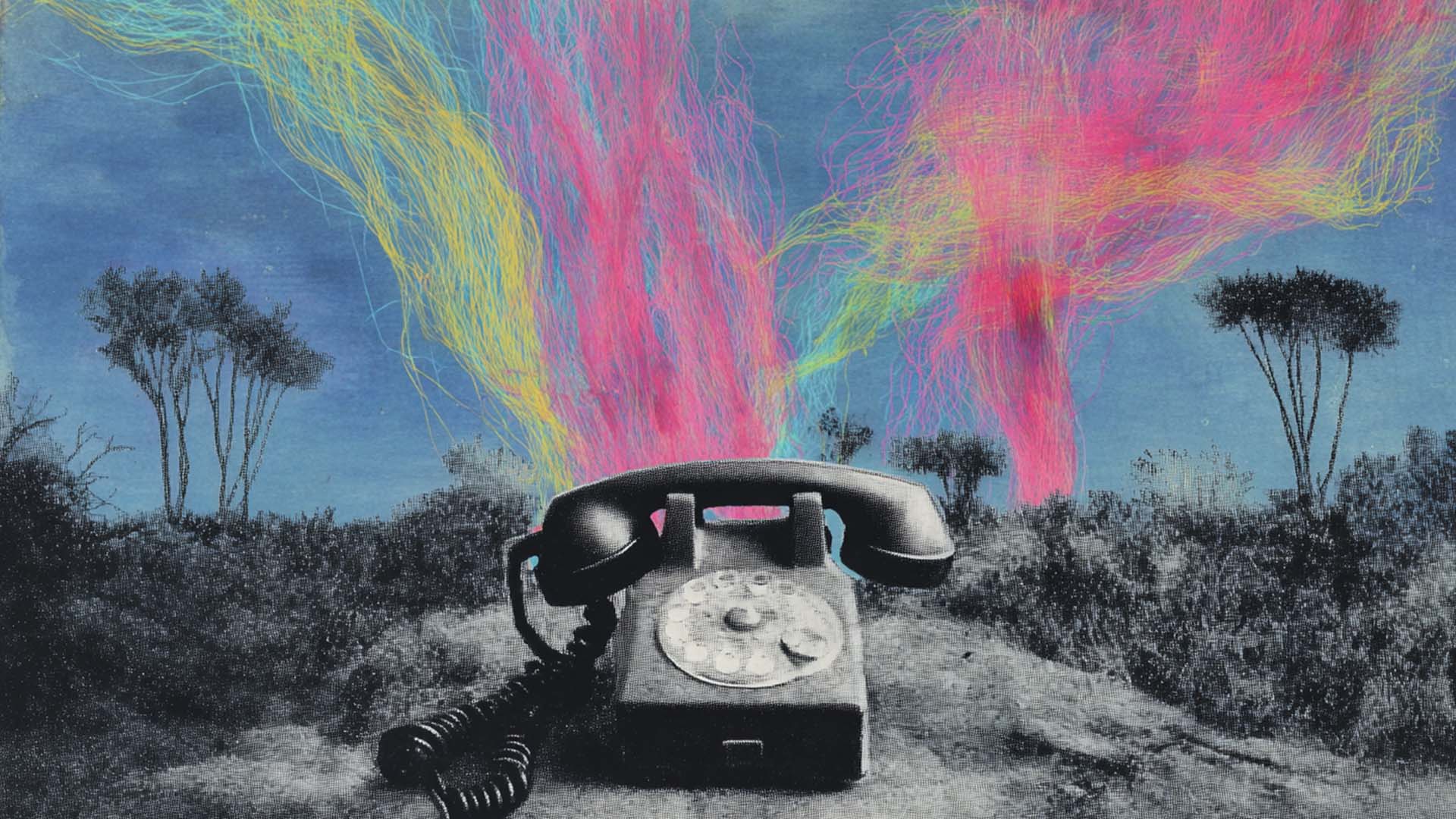 Digital collage of a retro phone releasing colorful smoke, surreal creative artwork.