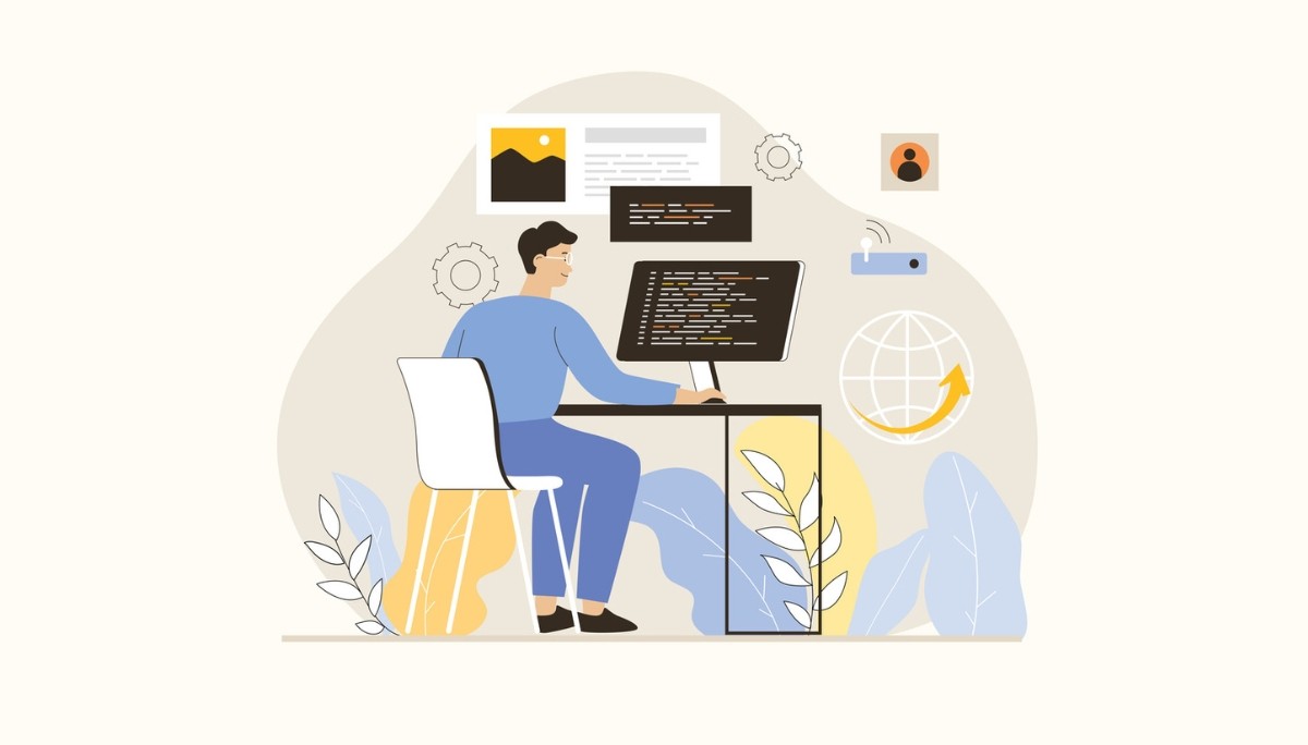 Illustration of two people adjusting interlocking gears within a circular arrow loop, surrounded by charts and checklists.
