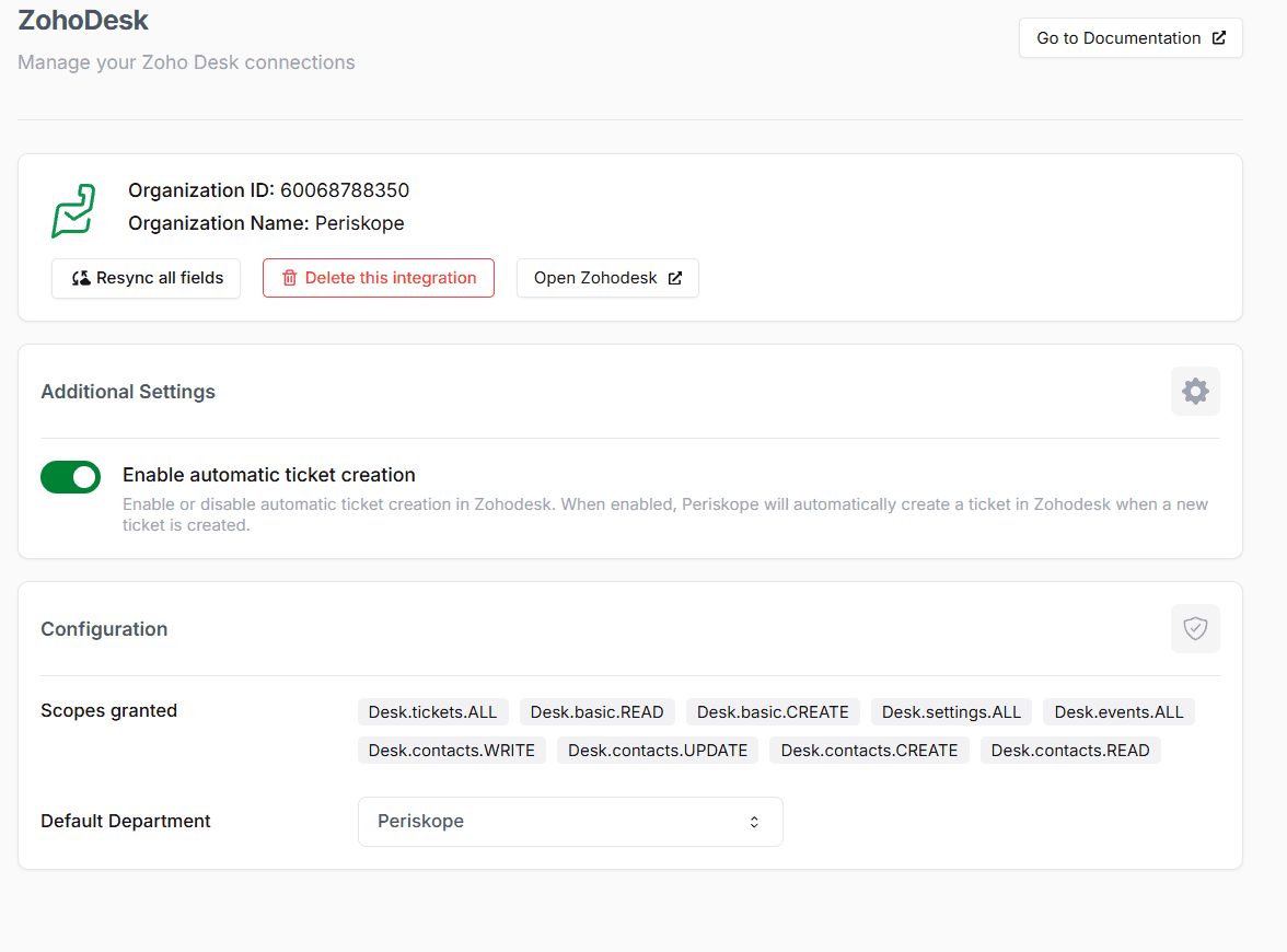Periskope Zoho Desk settings with automatic ticket creation and default department