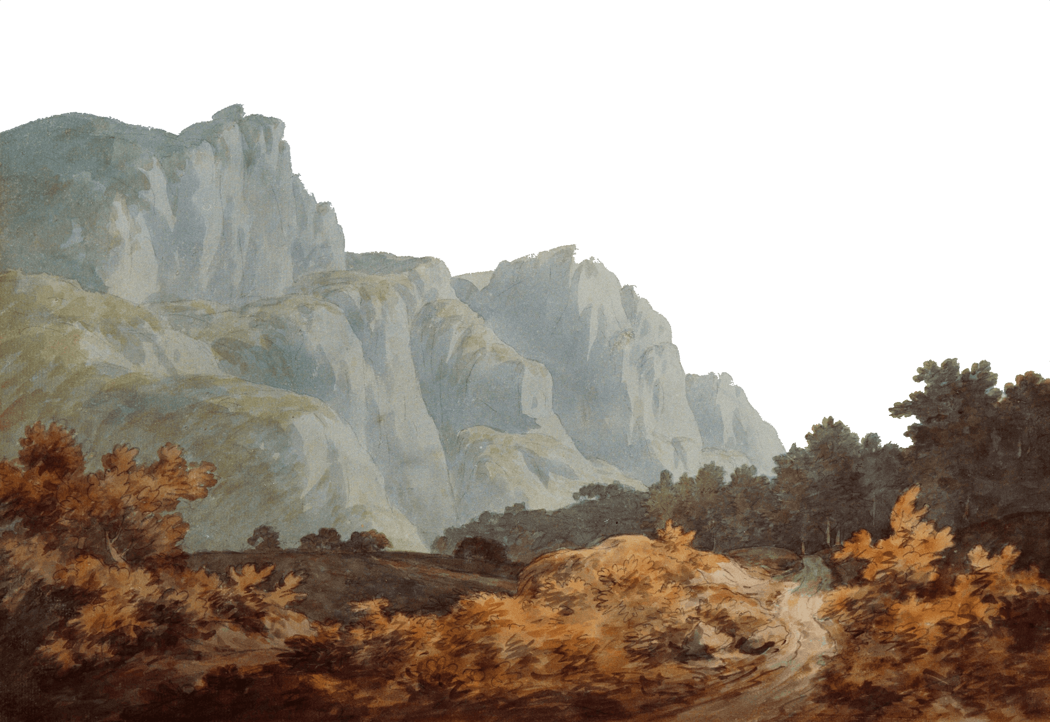brown and grey trees and rock formation painting