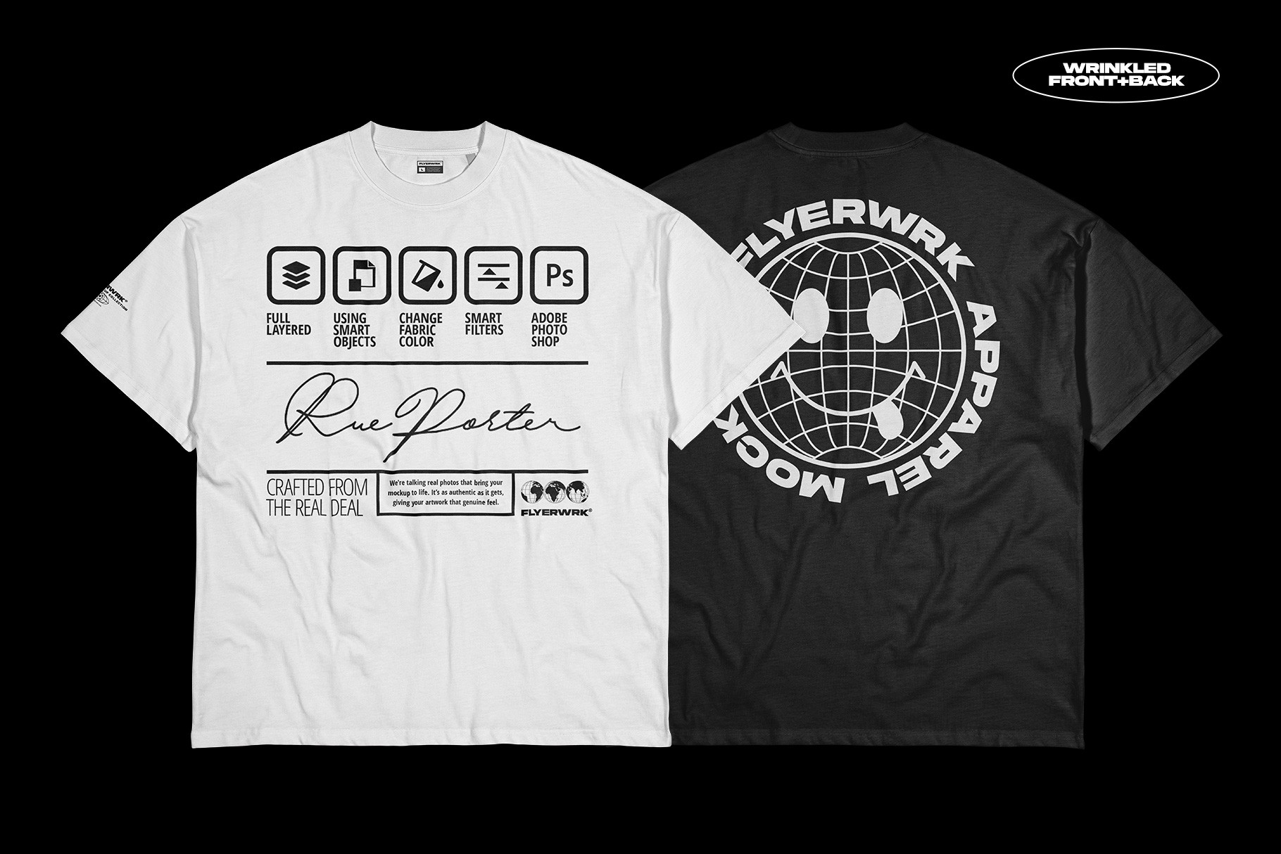 Rue Porter T-Shirt wrinkled mockup showing front and back design preview