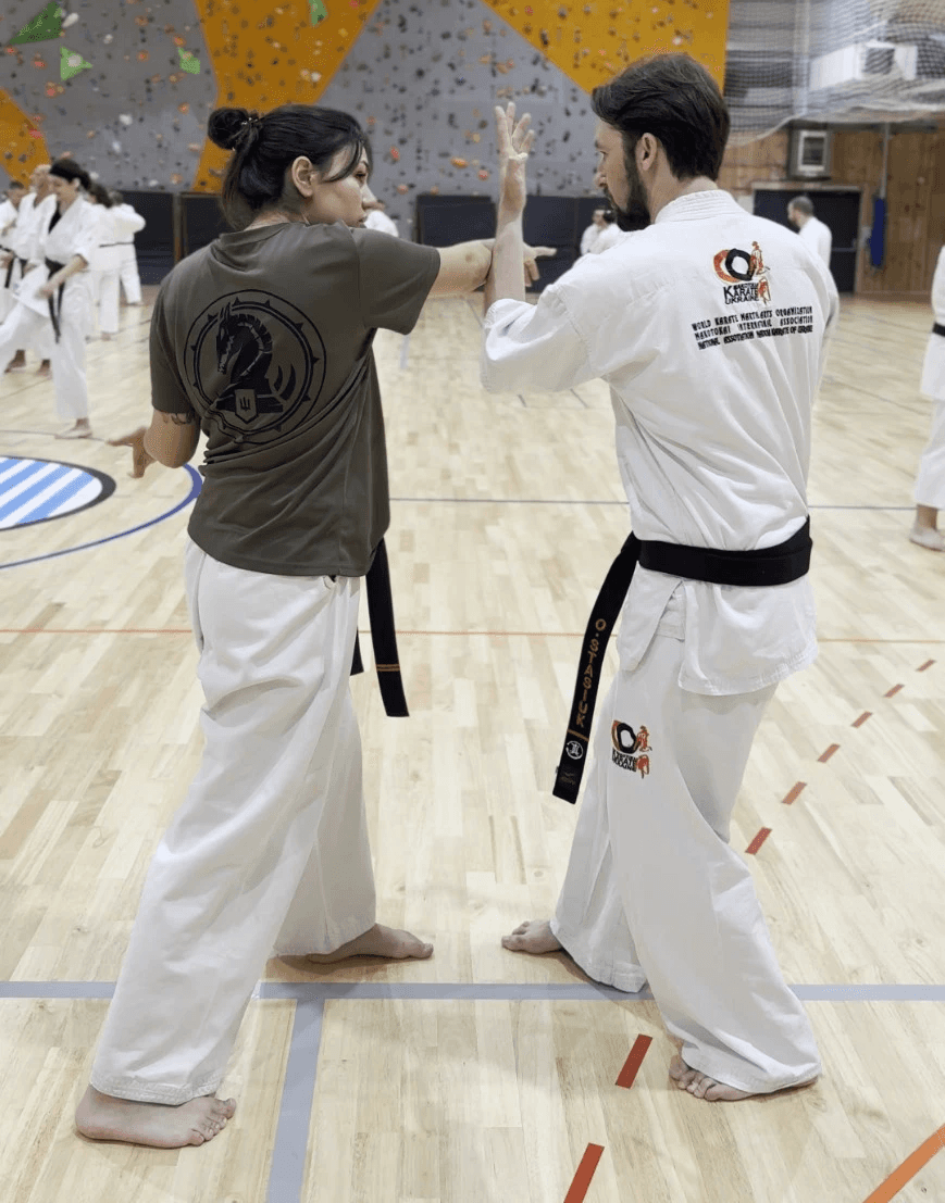 Two adult martial artists practising a partner response drill.