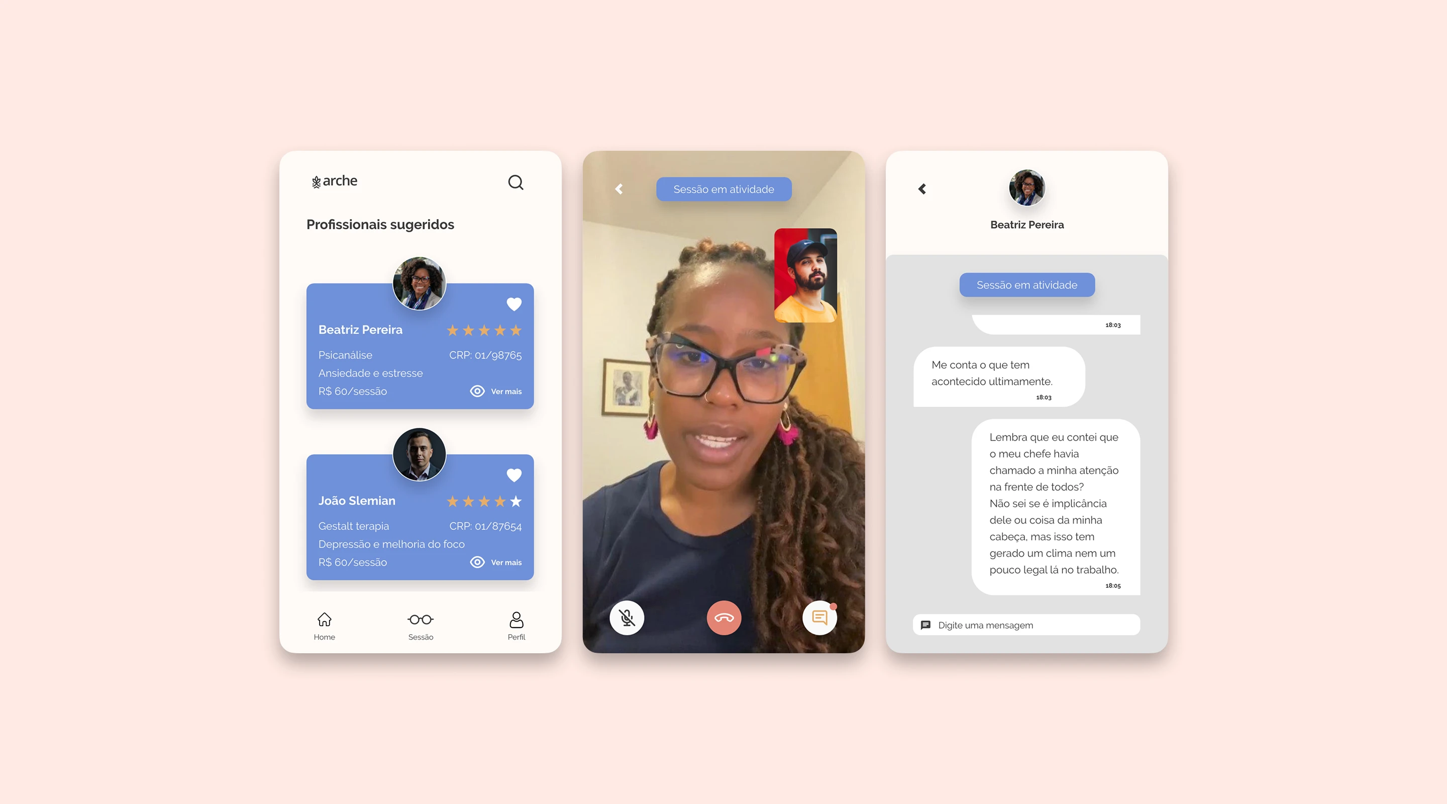 Session management screens: upcoming appointments list, patient profile, session history, and star rating system