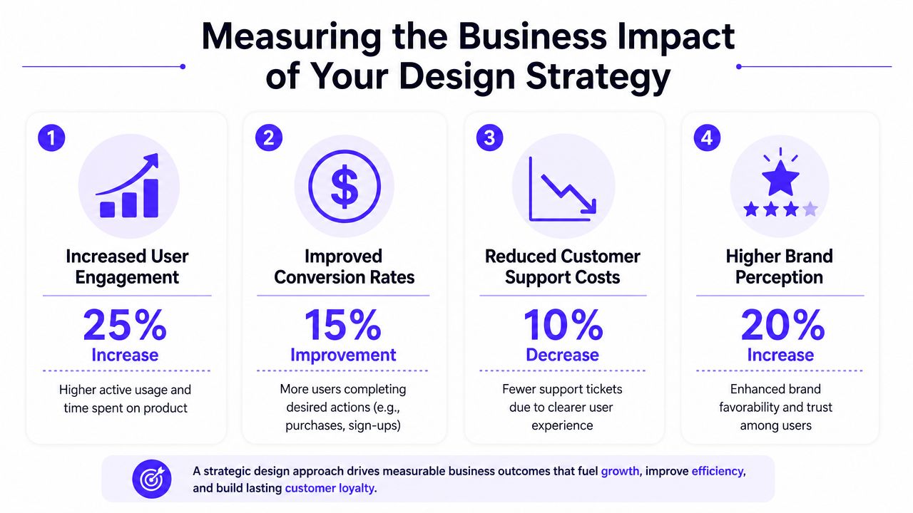 An infographic showing how design strategy leads to business growth through key metrics and improved outcomes.