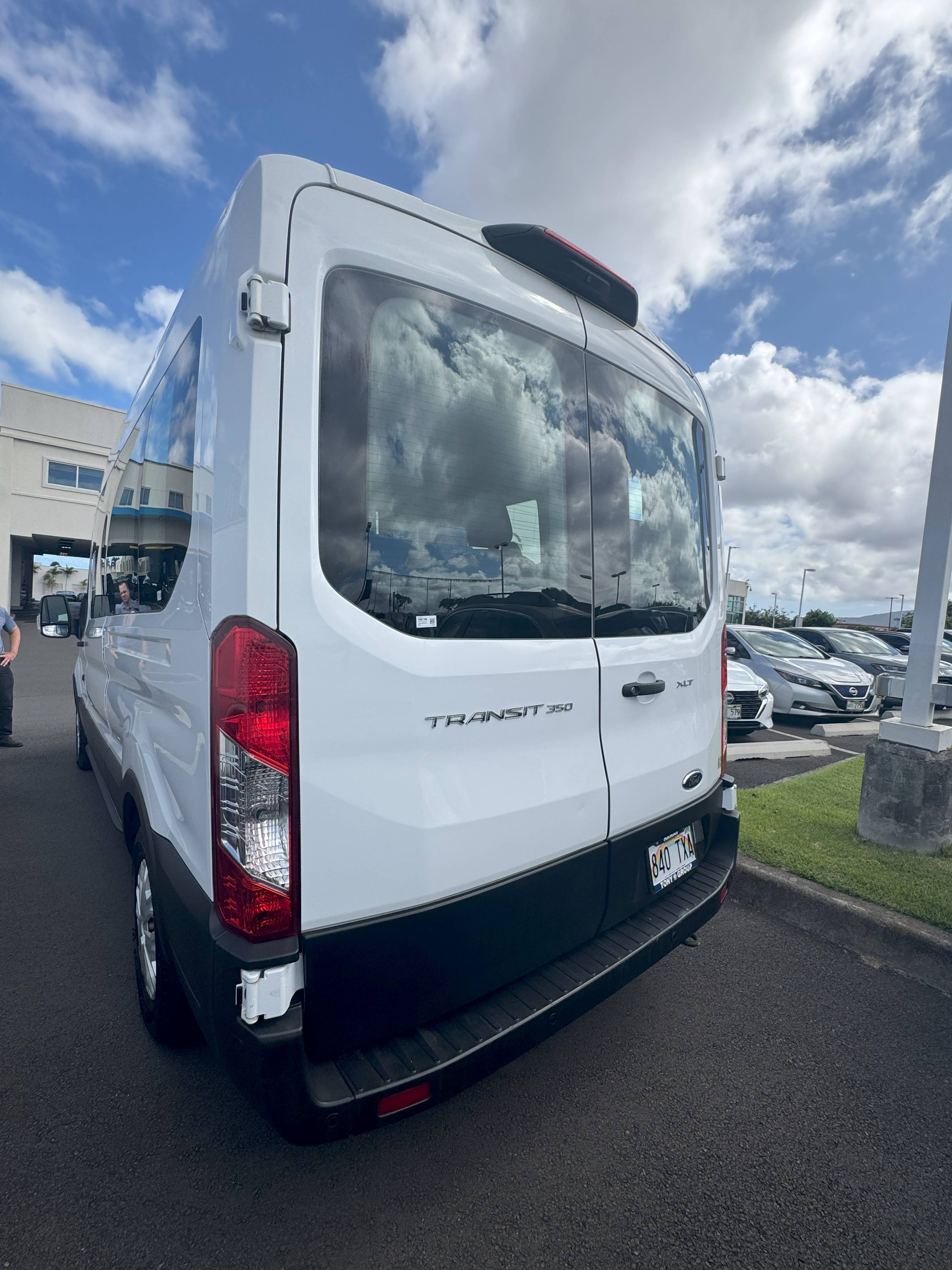 White Ford Transit XLT 15 Passenger Van Hawaii Big Island Sunset For Rent