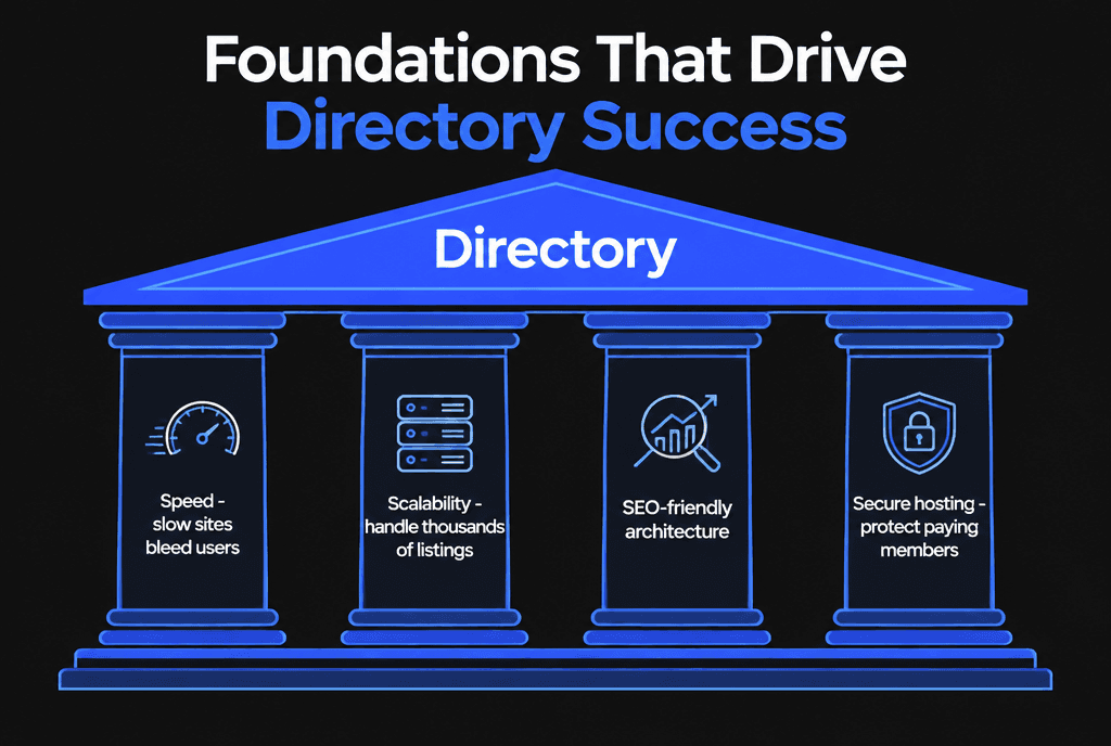 Infographic of directory foundations: speed, scalability, SEO-friendly architecture and secure hosting
