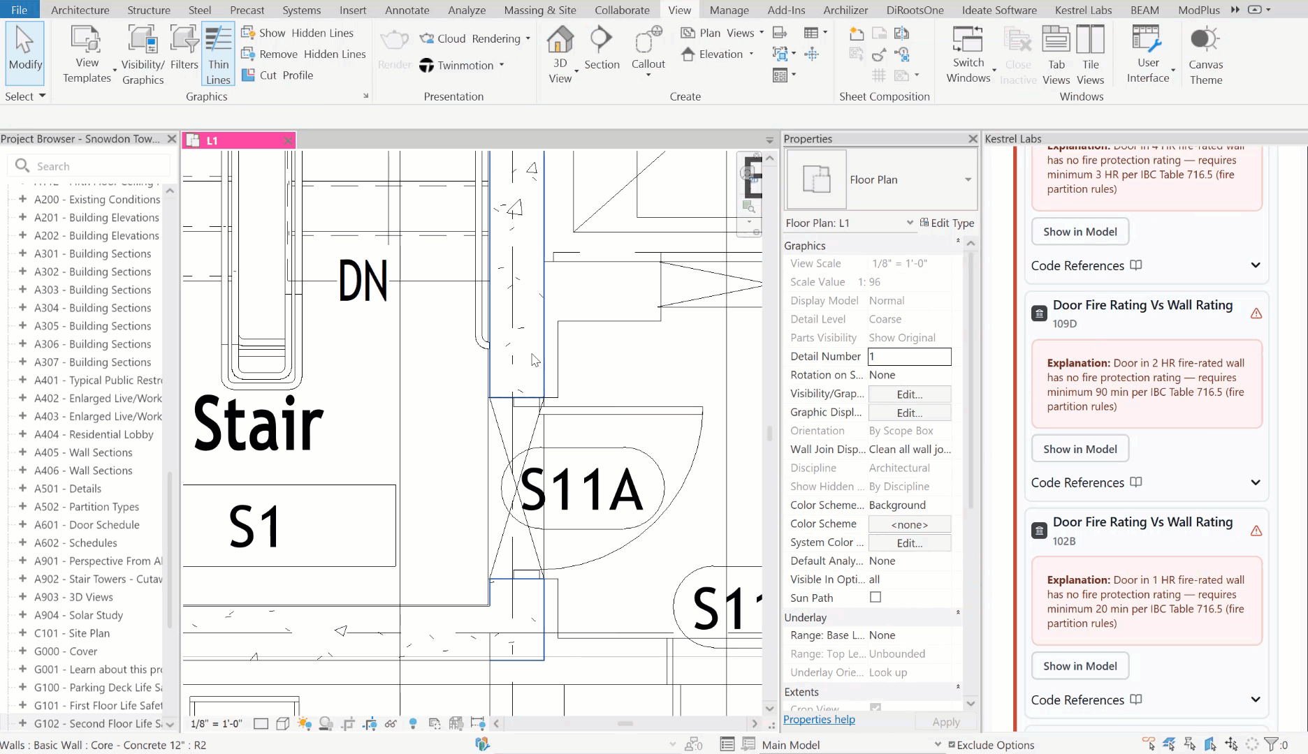 Kestrel Labs running live inside Revit — flagging door-to-wall fire rating mismatches with direct IBC code references, before the issue ever makes it to a plan review comment.