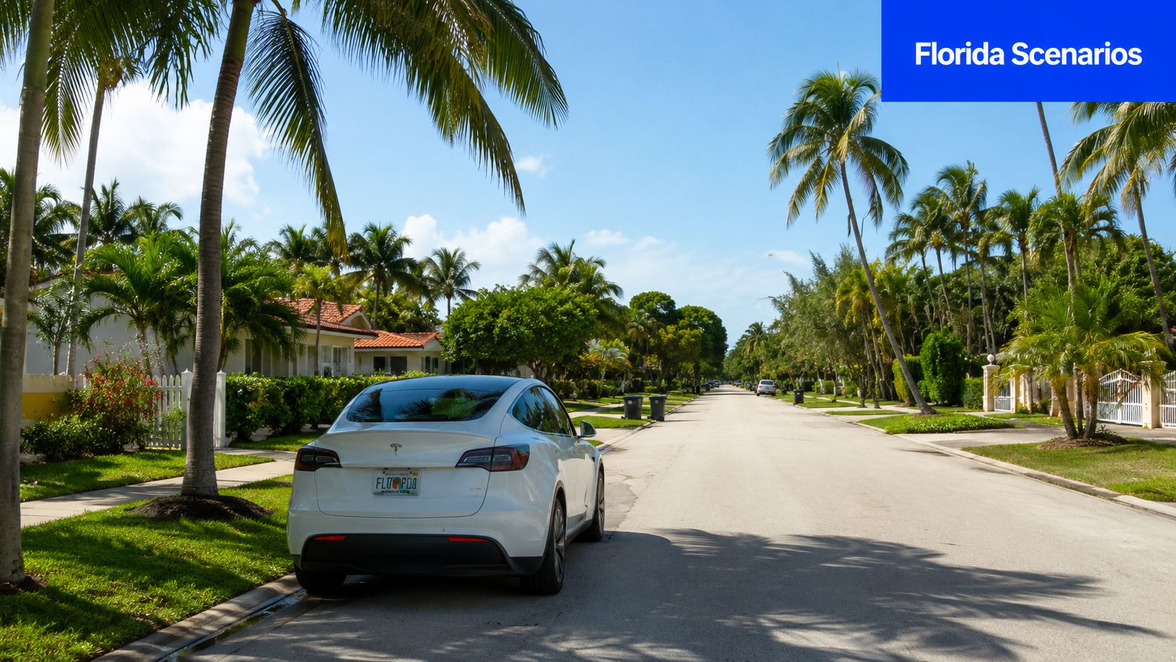 A white Tesla parked on the side of a quiet, palm tree-lined residential street in Florida.