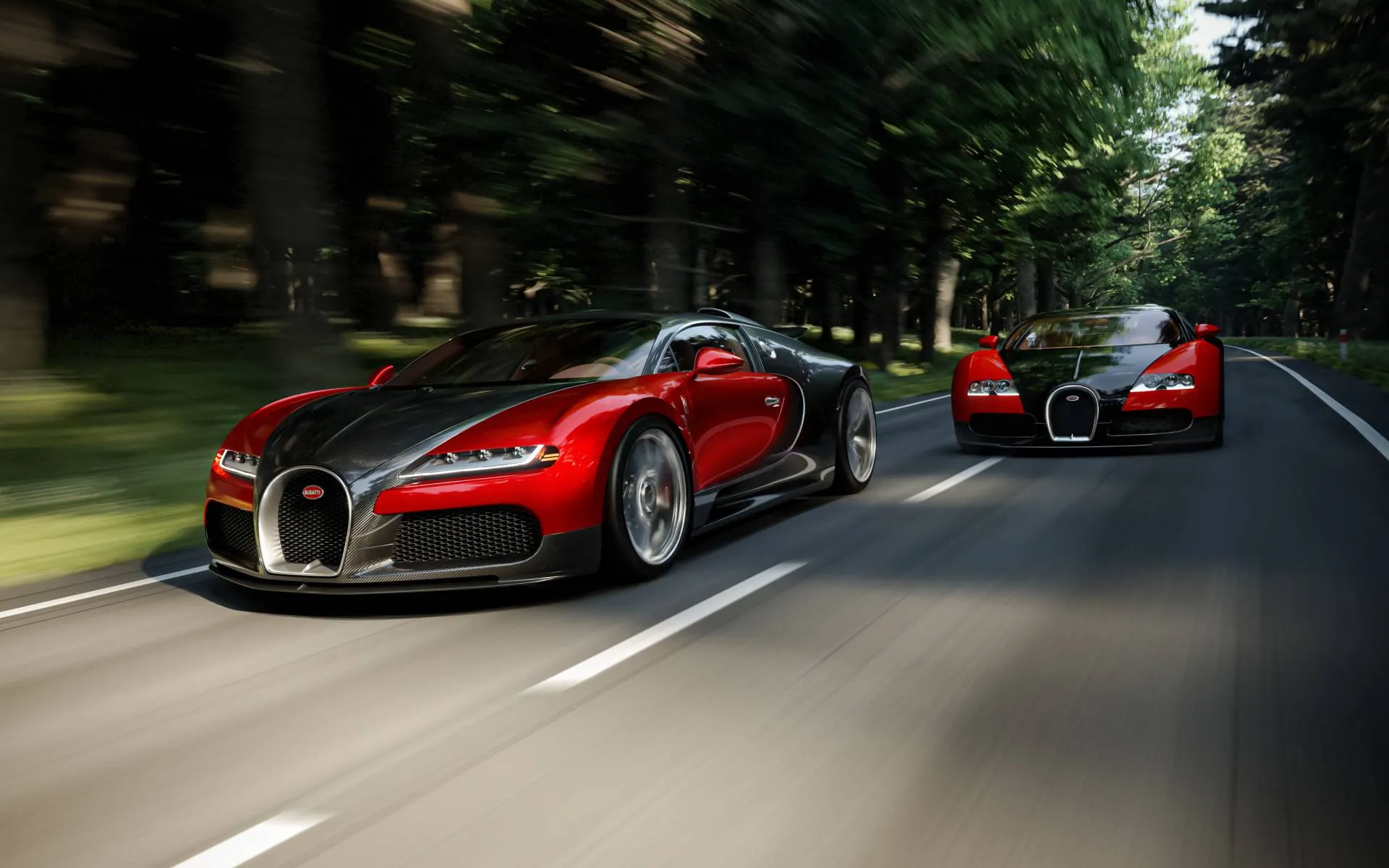 Two red and black hypercars driving on a forested road
