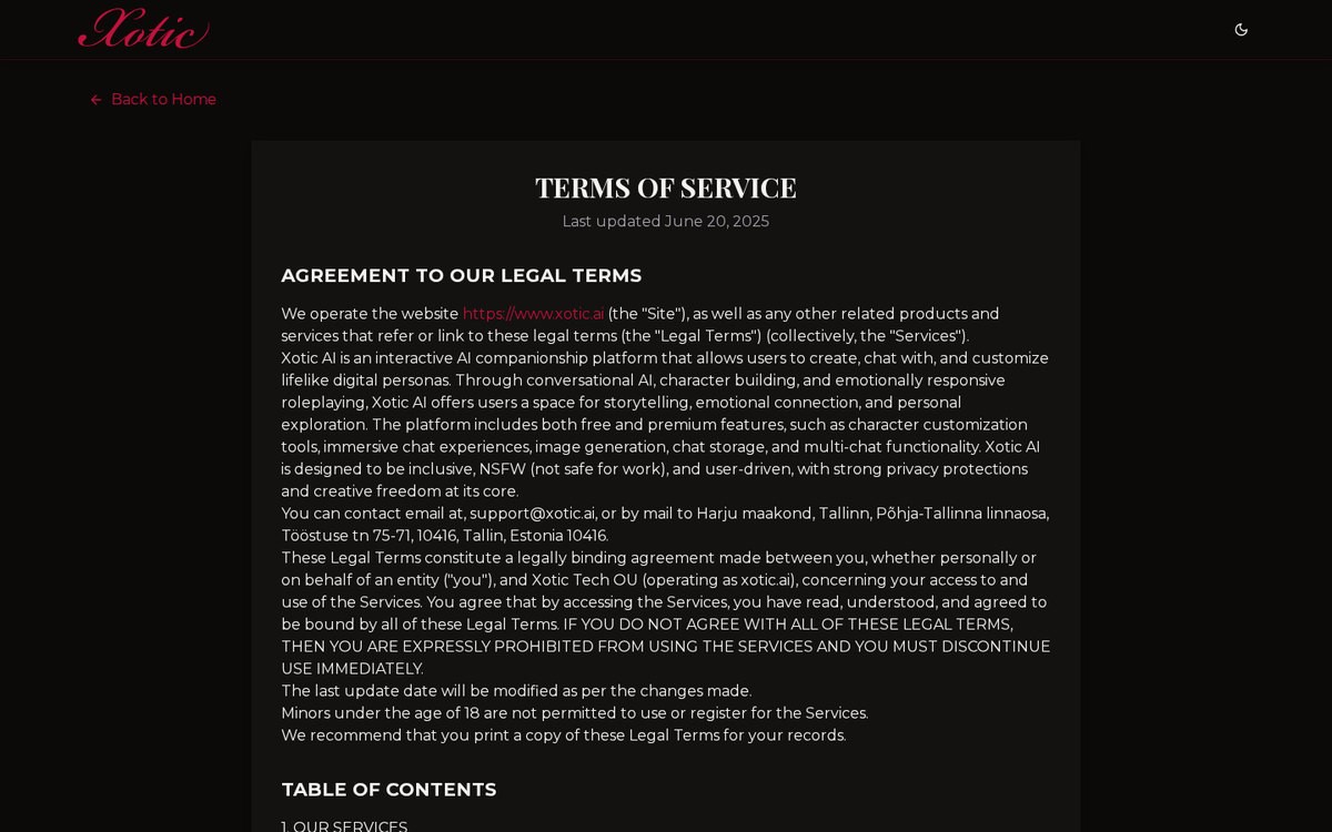 Xotic AI’s terms of service, which name Xotic Tech OÜ of Tallinn as the operator and set out the no-refund policy, September 2026.