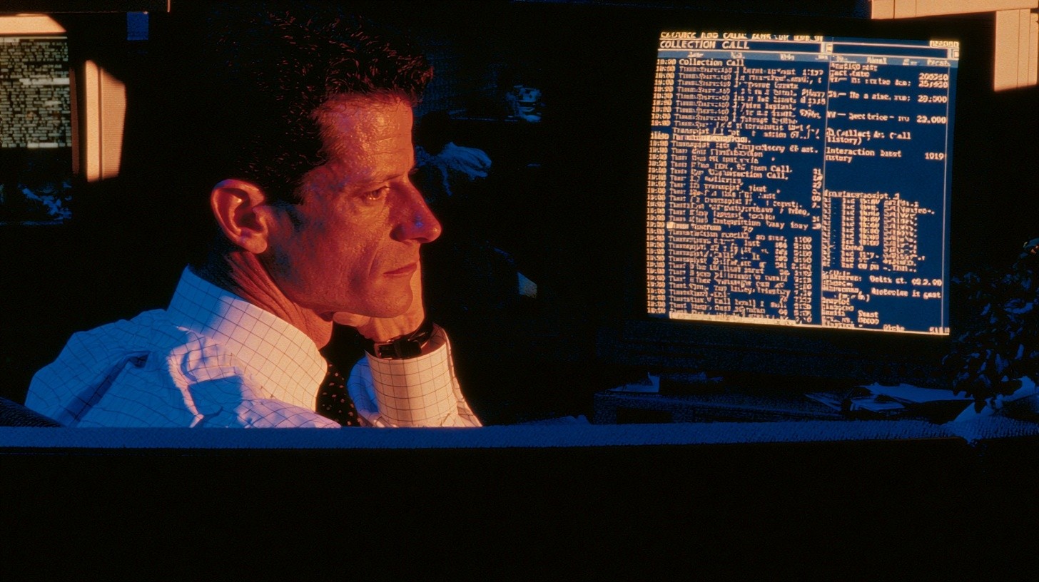 A bank compliance auditor reviews a recorded collection call beside its timestamped transcript and interaction history on a secure workstation, focused evidence-review environment