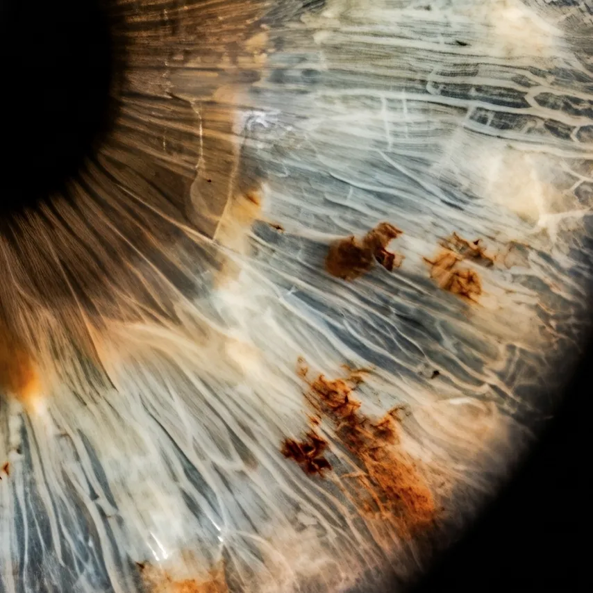 Fotografia macro di un’iride chiara con tonalità blu, grigie e nocciola realizzata per IRIS DAY di Ottica Dentella ad Ancona. La ripresa ravvicinata permette di osservare le fibre radiali, le pigmentazioni e le variazioni cromatiche naturali dell’occhio, elementi che IRIS DAY trasforma in un’immagine artistica personalizzata capace di rappresentare la singolarità e la bellezza di ogni iride.