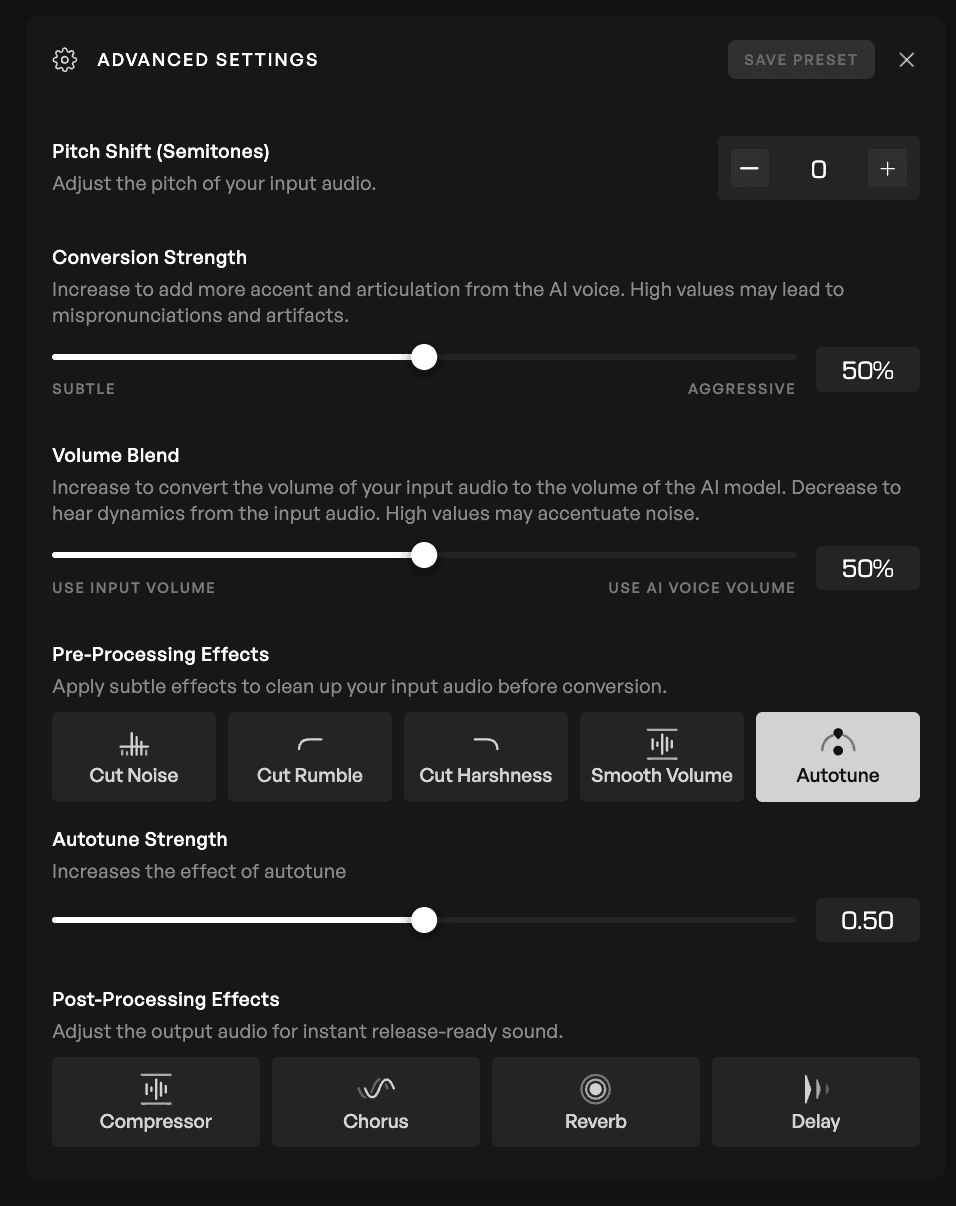 Advanced conversions settings unfurled