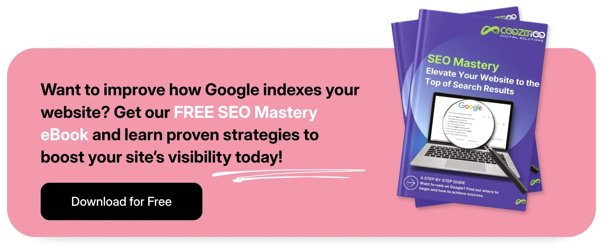 A call-to-action for Coozmoo's SEO mastery ebook