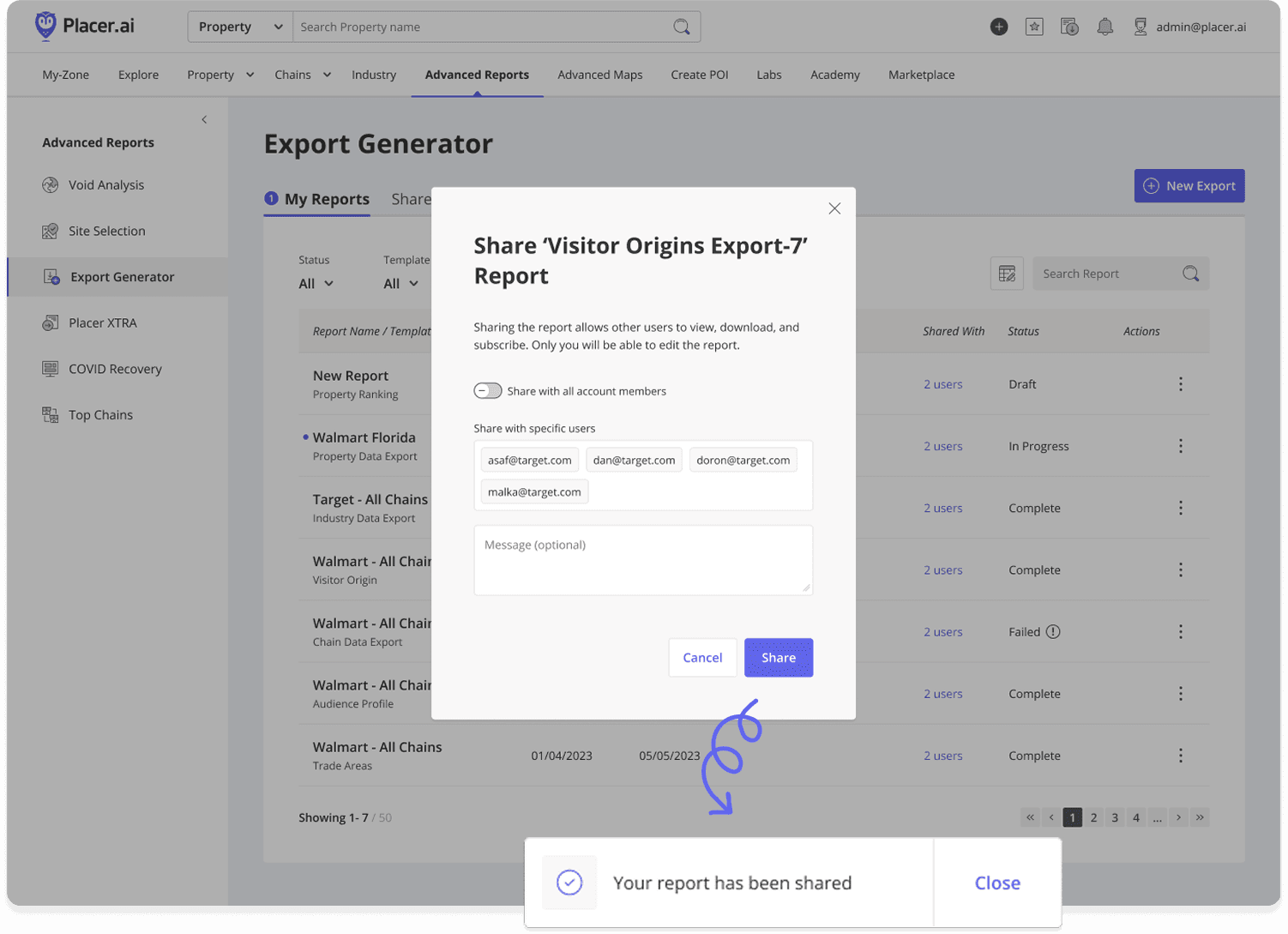 Share your report modal