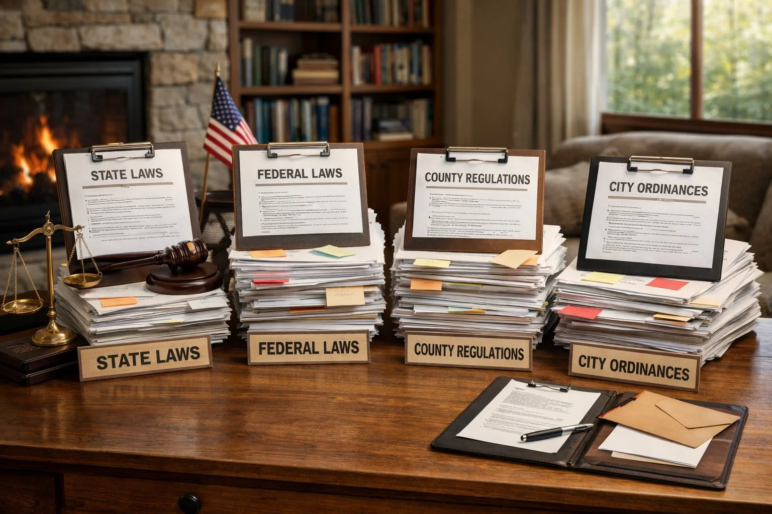 House surrounded by multiple sets of legal documents organized by region, symbolizing differences in rules and regulations.